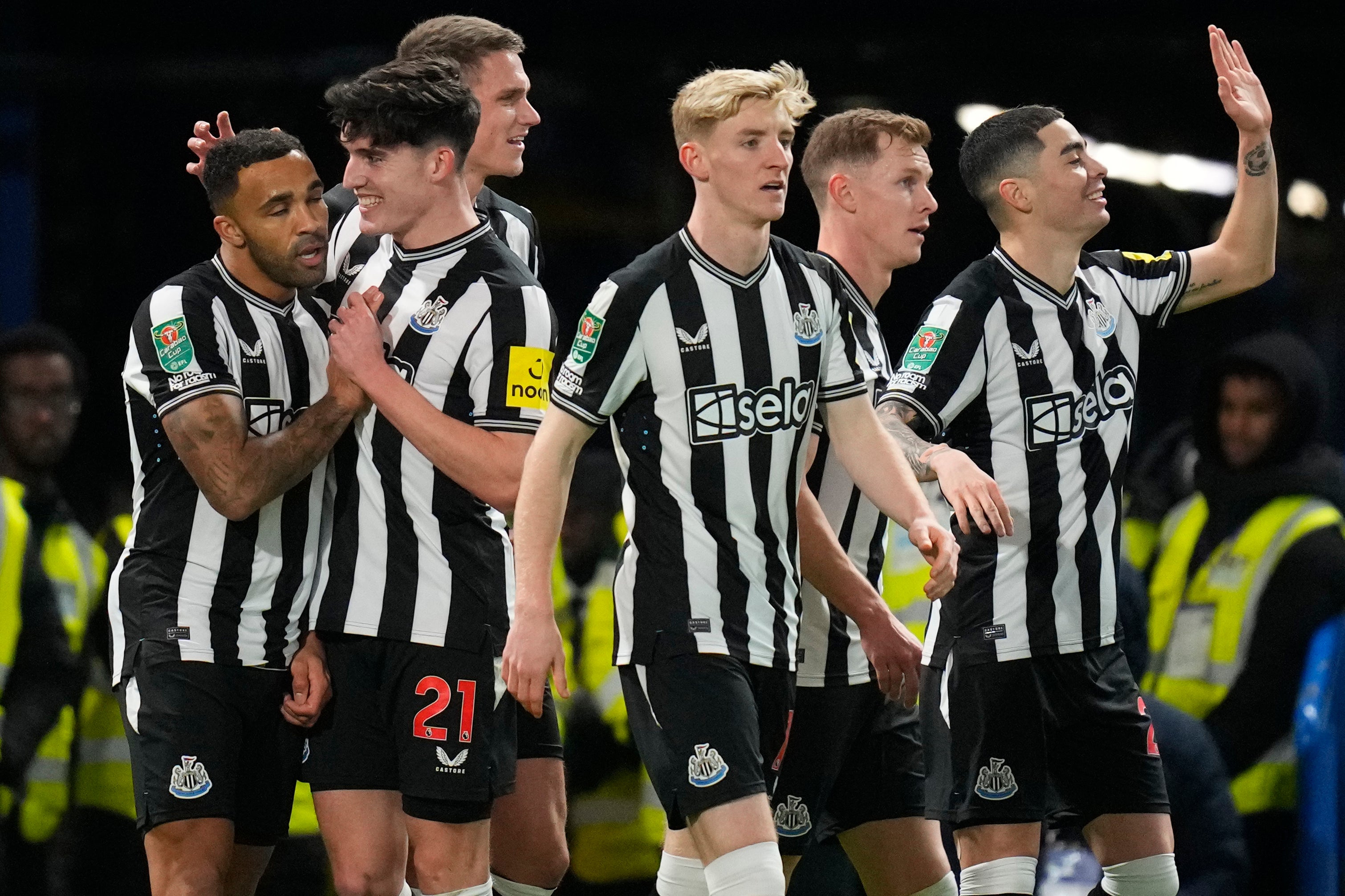 Newcastle’s Callum Wilson celebrates with teammates after scoring