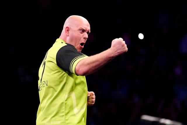 Michael van Gerwen celebrates winning the Cazoo Premier League at The O2, London. Picture date: Thursday May 25, 2023.