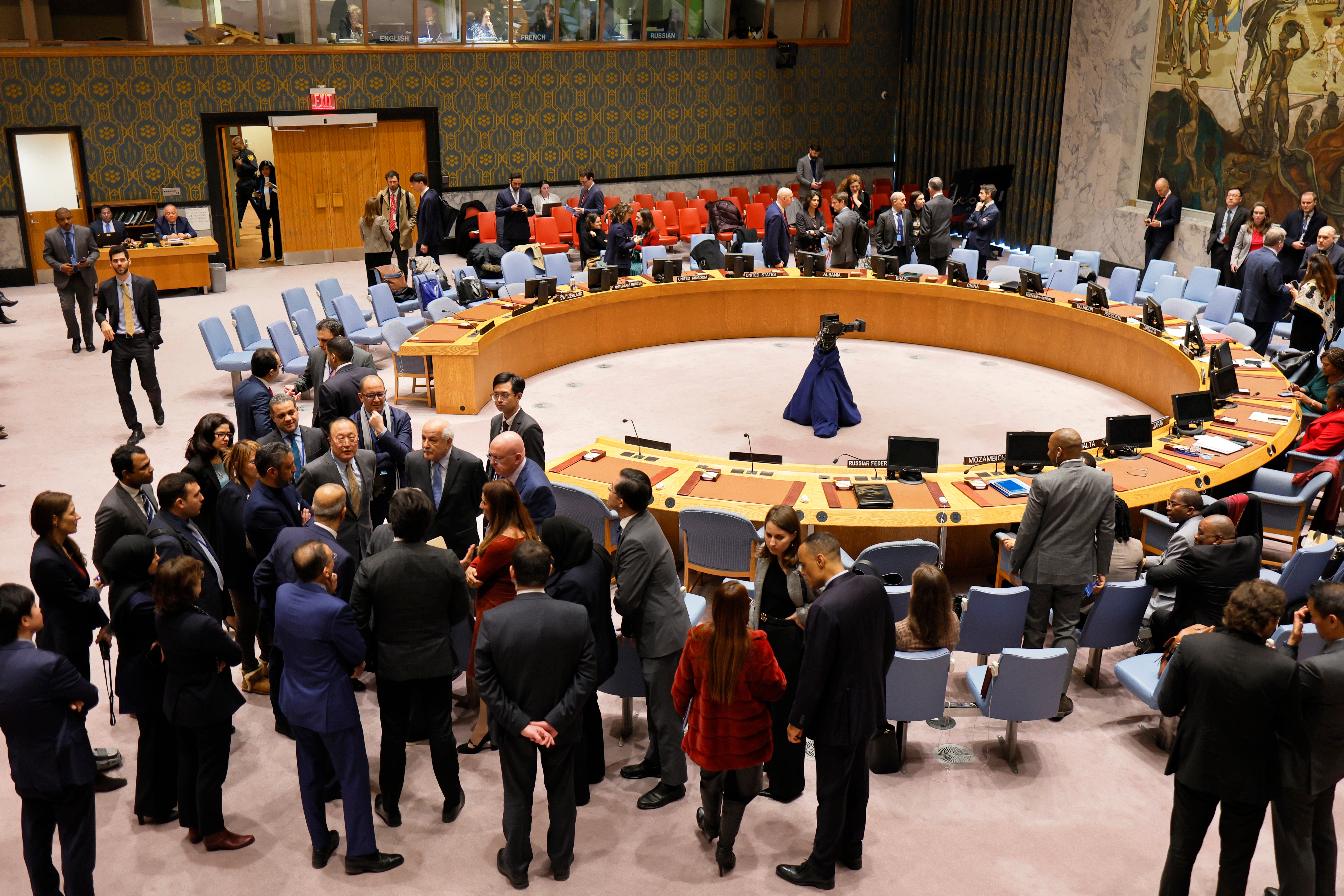 Members of the UN Security Council hold splinter meetings at the United Nations headquarters