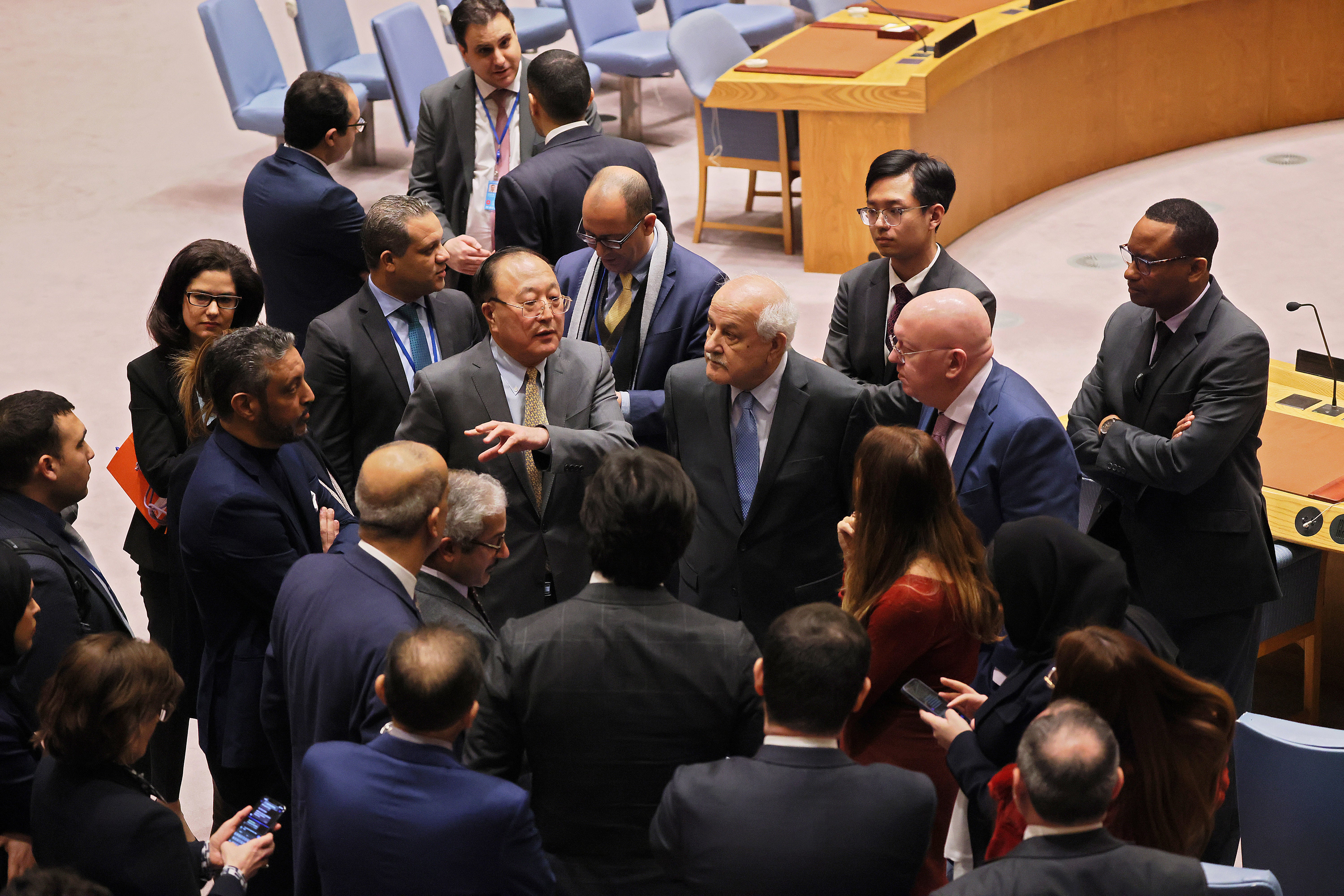 Palestinian ambassador to the United Nations Riyad Mansour listens to members of the UN Security Council as they break during a meeting on the Israel-Hamas war at the United Nations headquarters on 19 December 2023 in New York City