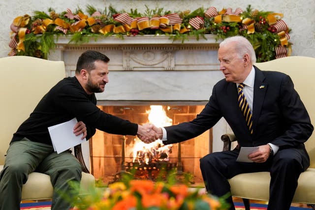 <p>Joe Biden and Volodymyr Zelensky shake hands at the White House </p>