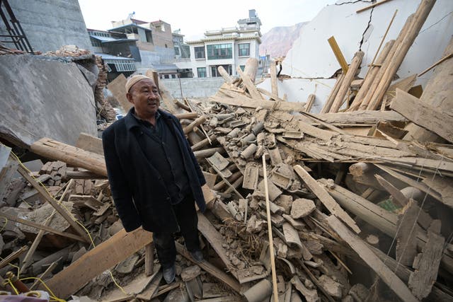 <p>Amid the wreckage in the town of Dahejia, in northwest China’s Gansu province</p>