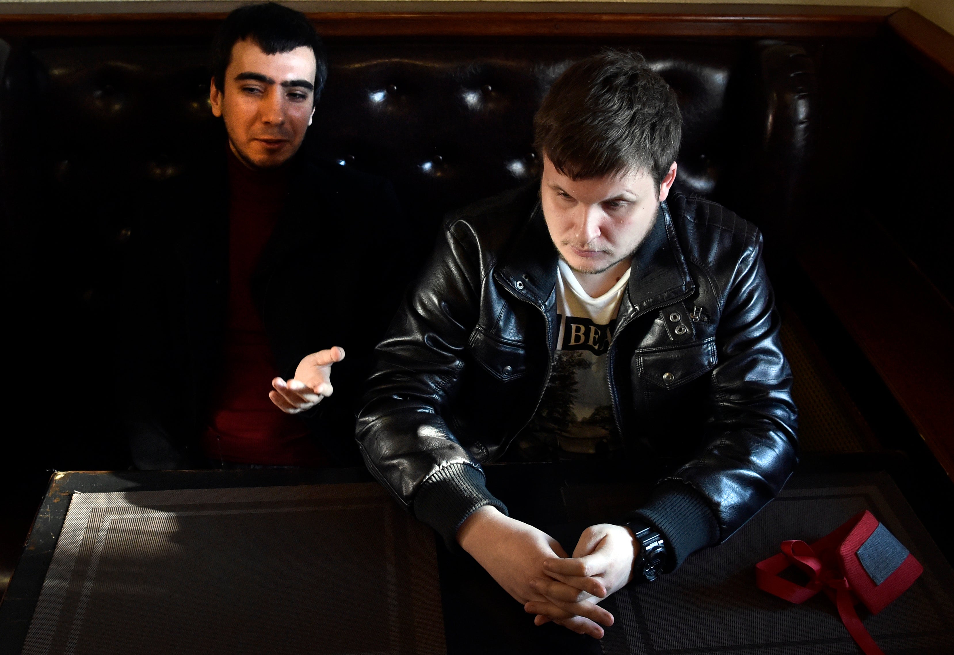 Russian pranksters (L-R) Vladimir "Vovan" Kuznetsov, 30, and Alexei "Lexus" Stolyarov, 28, give an interview to AFP at a
