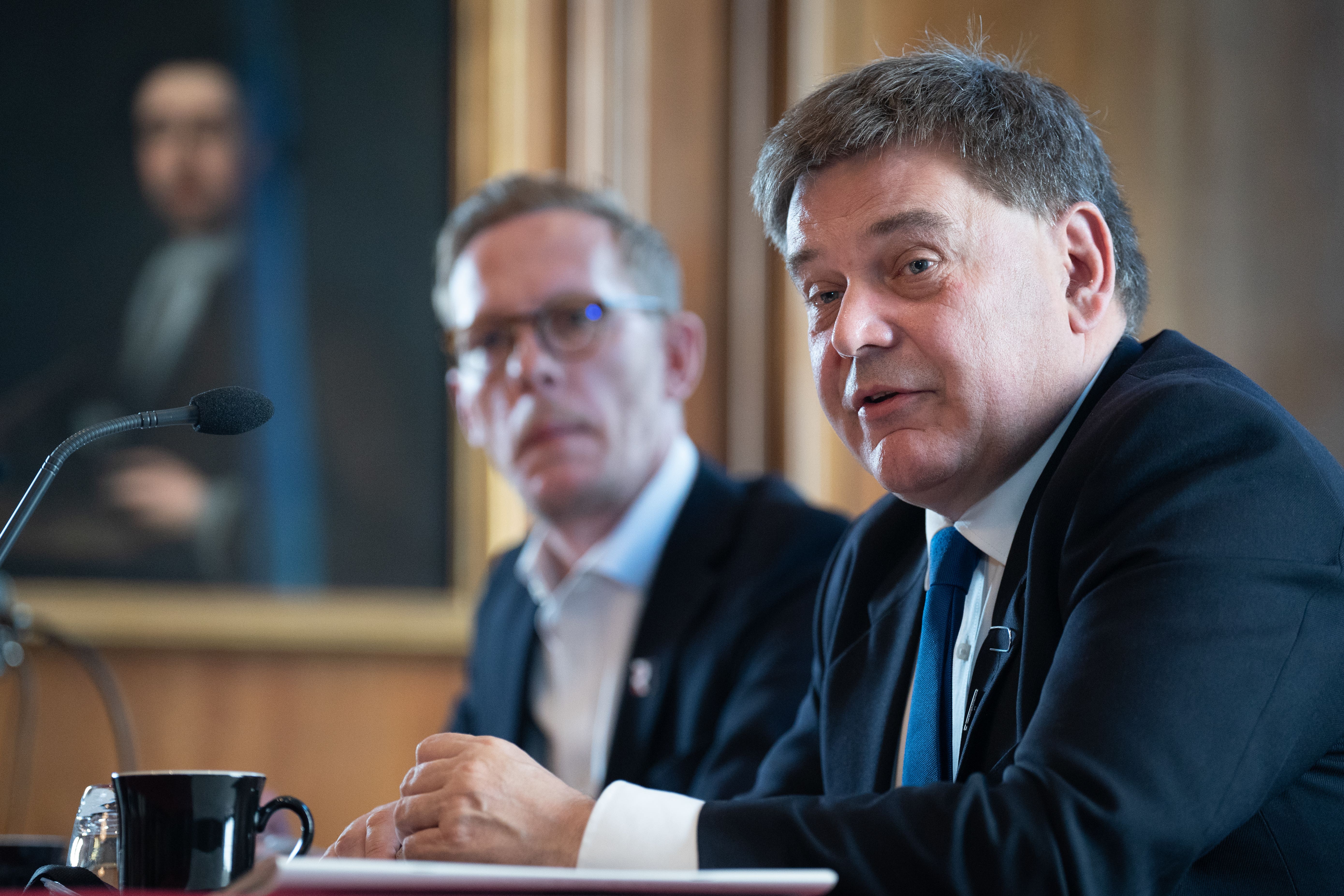 Andrew Bridgen, right, at a Reclaim press conference with Laurence Fox