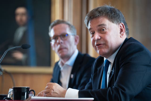<p>Andrew Bridgen, right, at a Reclaim Party press conference at One Great George Street in Westminster, London</p>