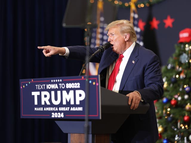 <p>Former US president Donald Trump addresses a rally crowd in Waterloo, Iowa, on 19 December 2023</p>