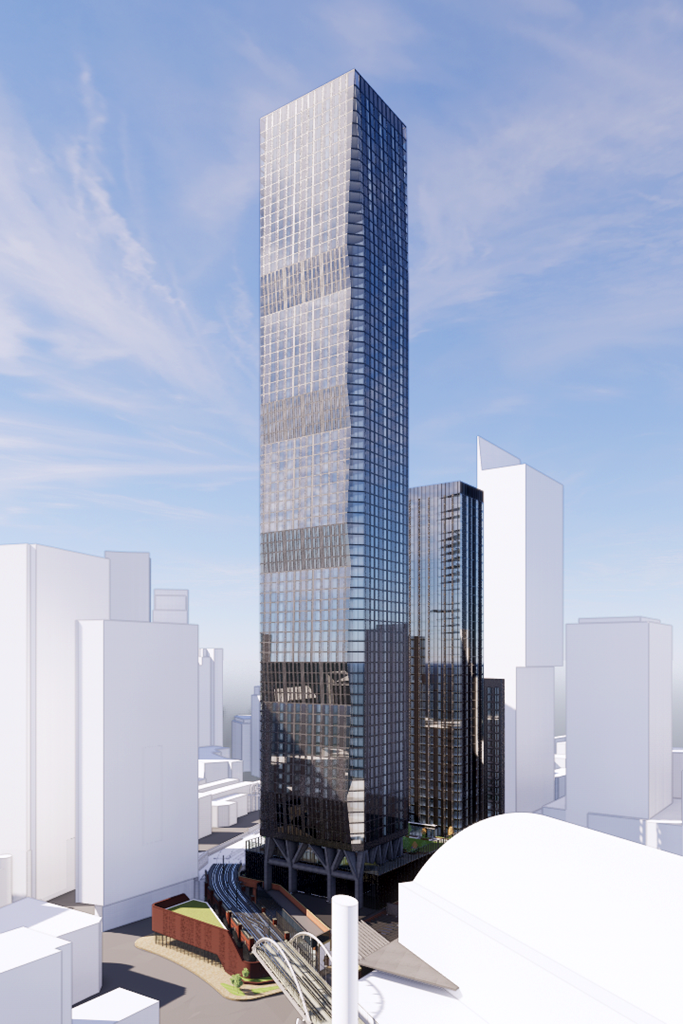 Designs for Manchester’s new tallest building – a 76-storey tower that will sit on top of a Grade II listed viaduct in the city centre