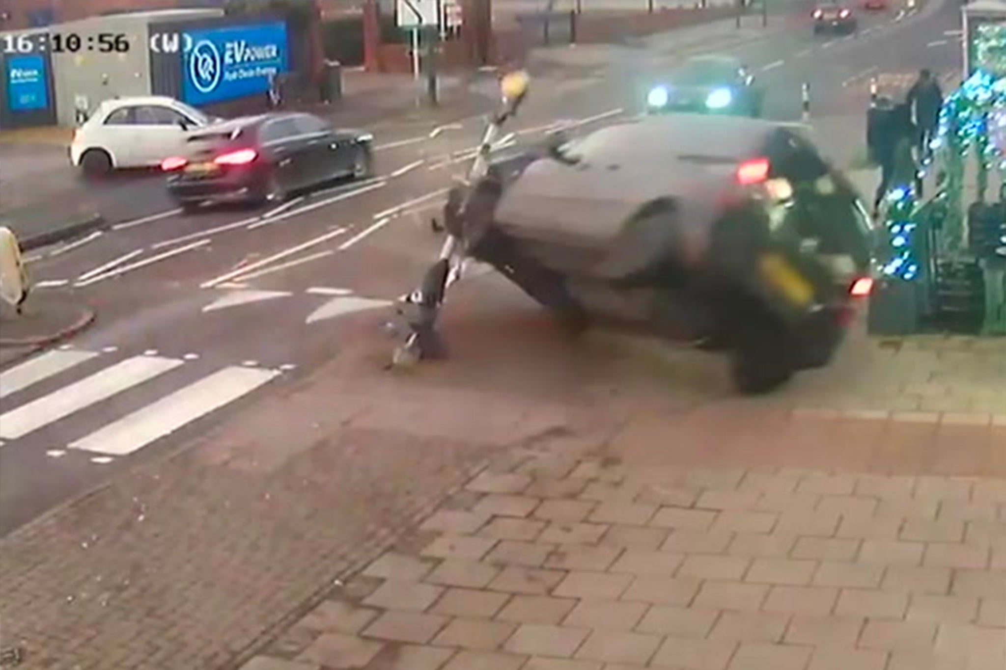 Heart-stopping footage shows the mother pushing her daughter in a pram down Warwick Road in Olton when a car veers off the road and hurtles towards them