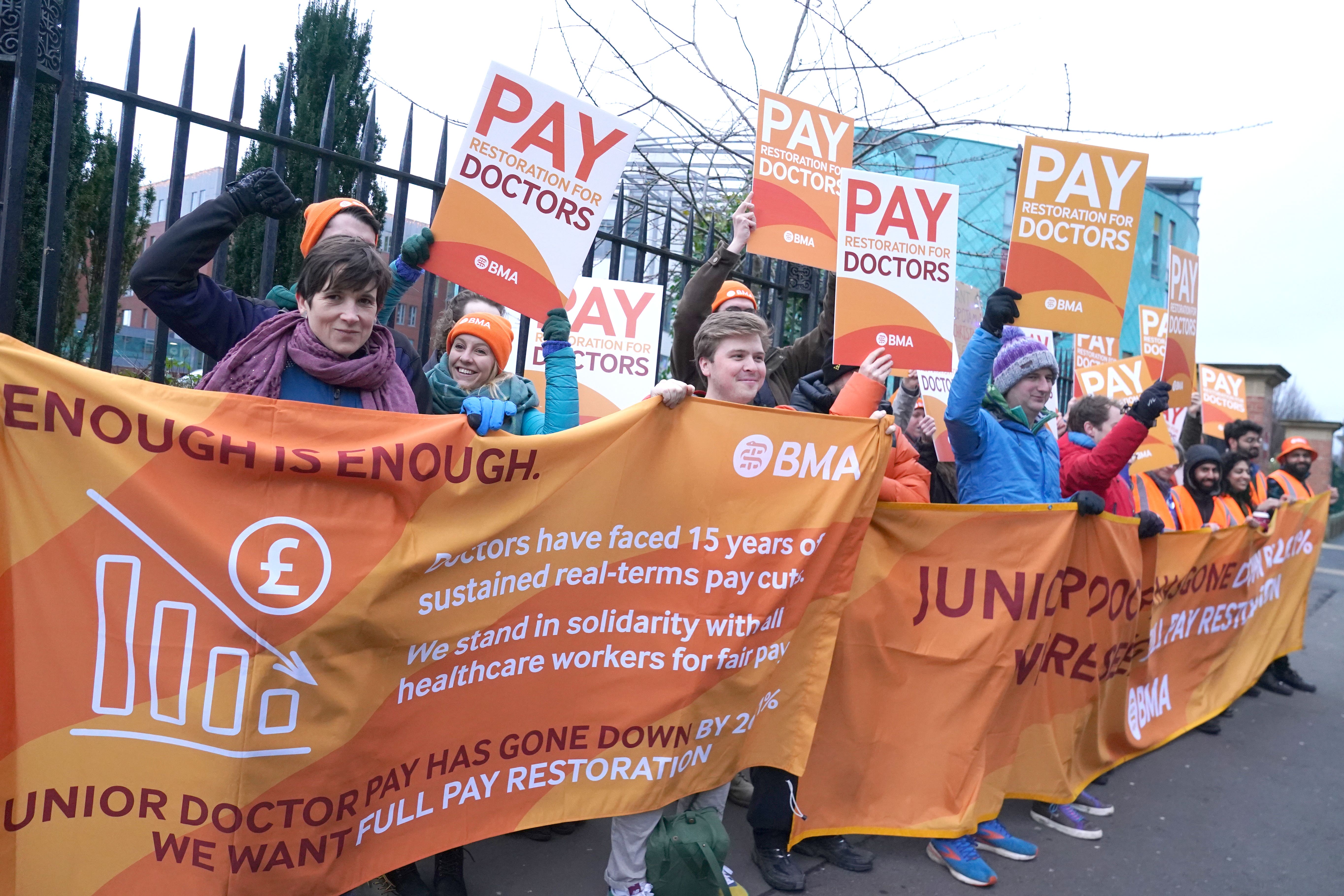 Junior doctors and members of the British Medical Association on the picket line outside Royal Victoria Infirmary in Newcastle (Owen Humphreys/PA)