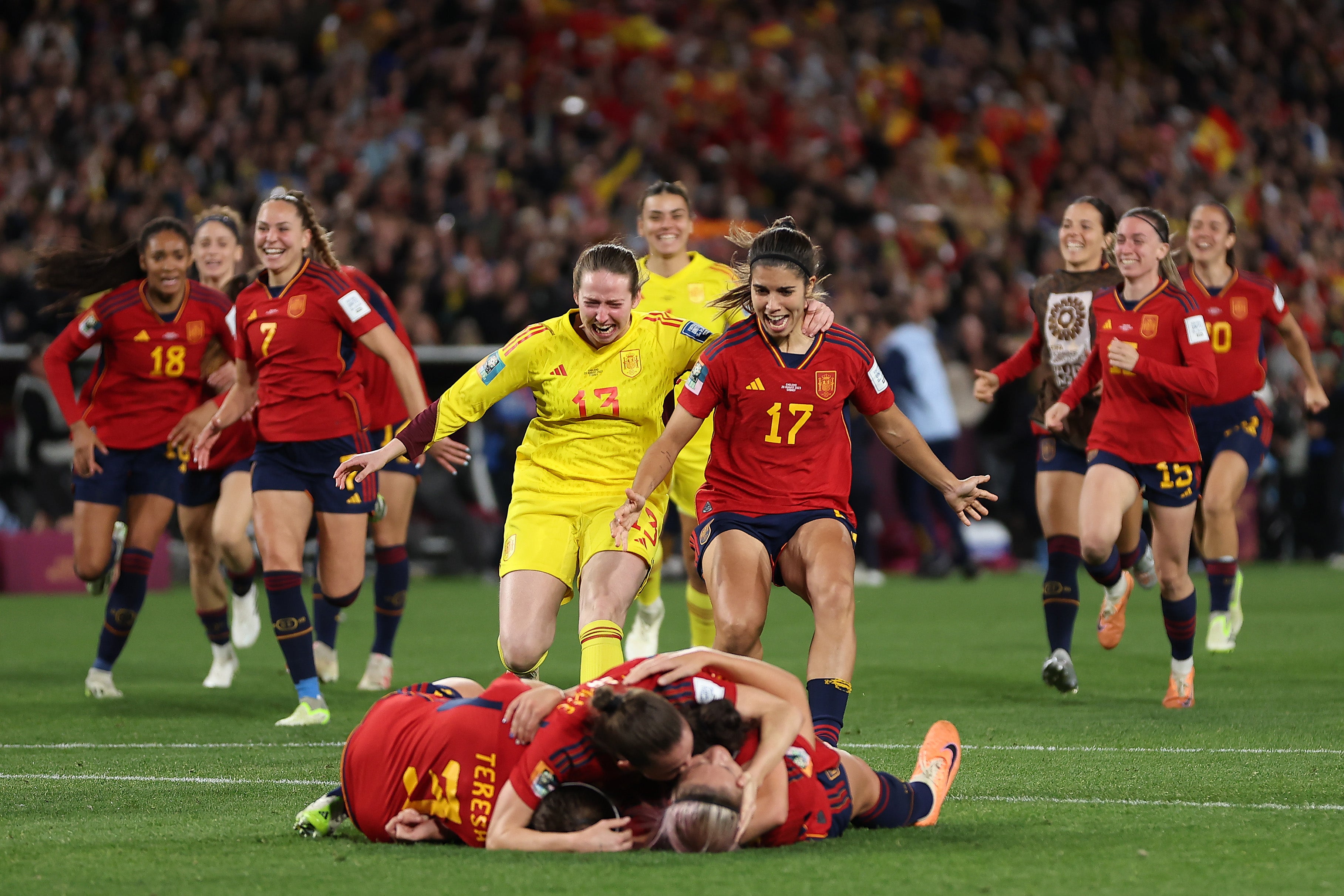 Spain players celebrate after the team’s victory in the Fifa women’s World Cup