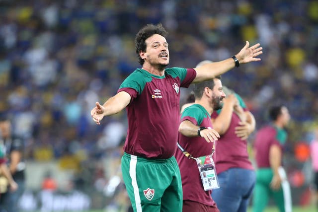 <p>Fluminense coach Fernando Diniz gestures from the touchline</p>