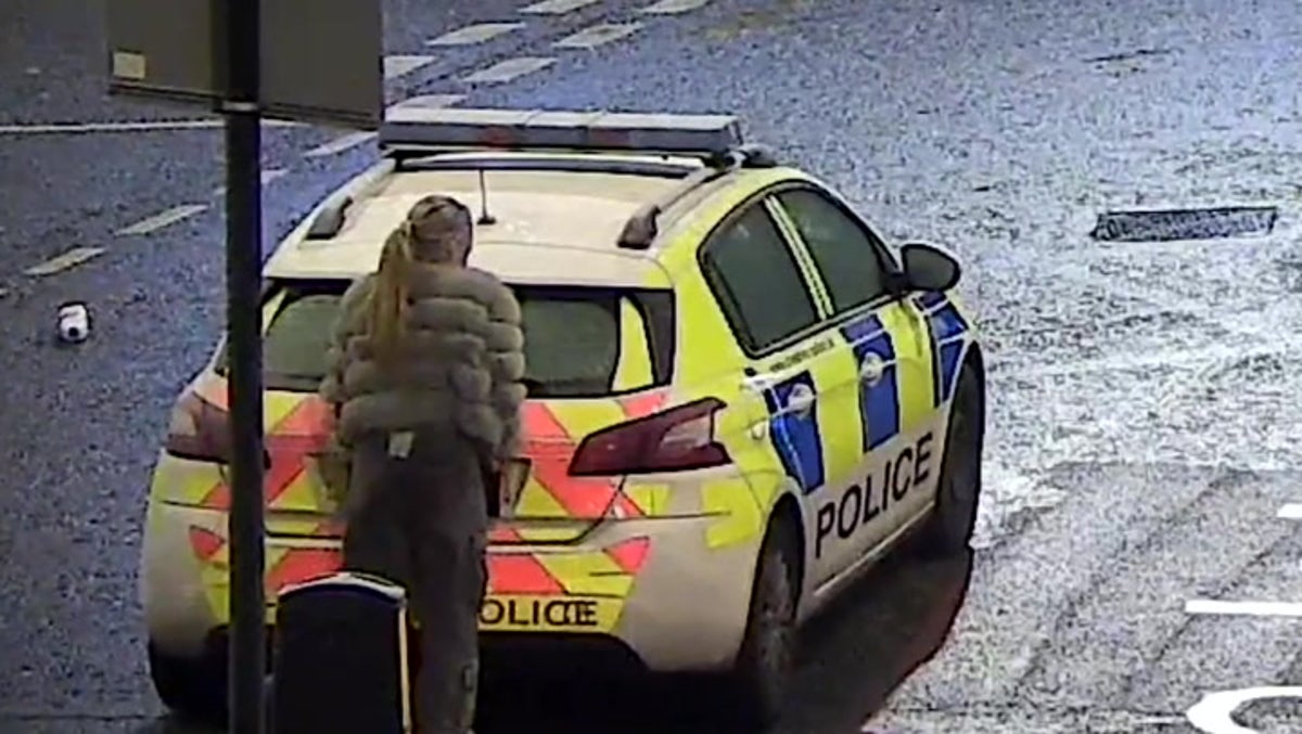 Woman rips number plate off police car after failing to damage vehicle with plastic bottle
