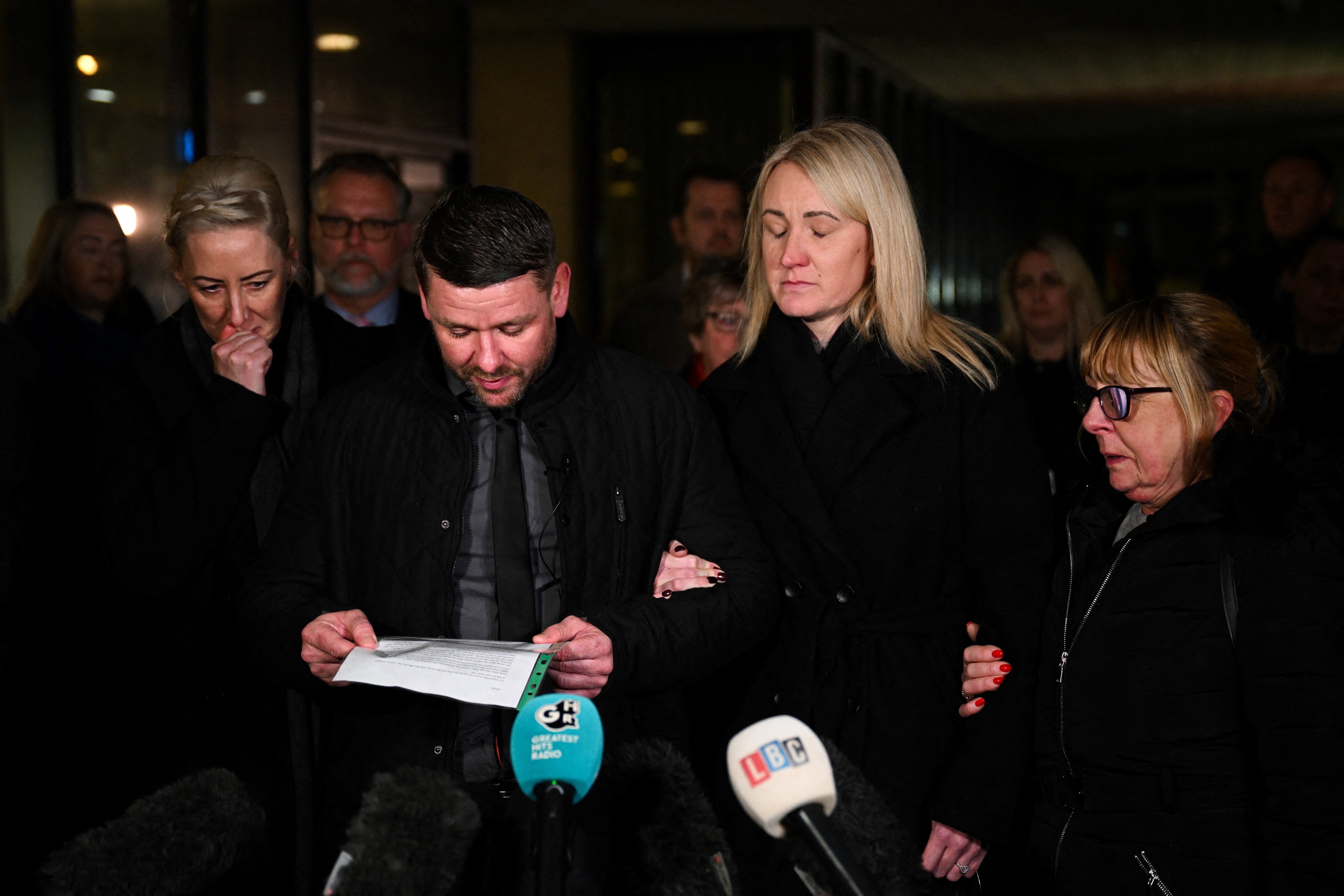 <p>Peter Spooner, father of murdered teenager Brianna Ghey, reads a statement to the media outside of Manchester Crown Court</p>