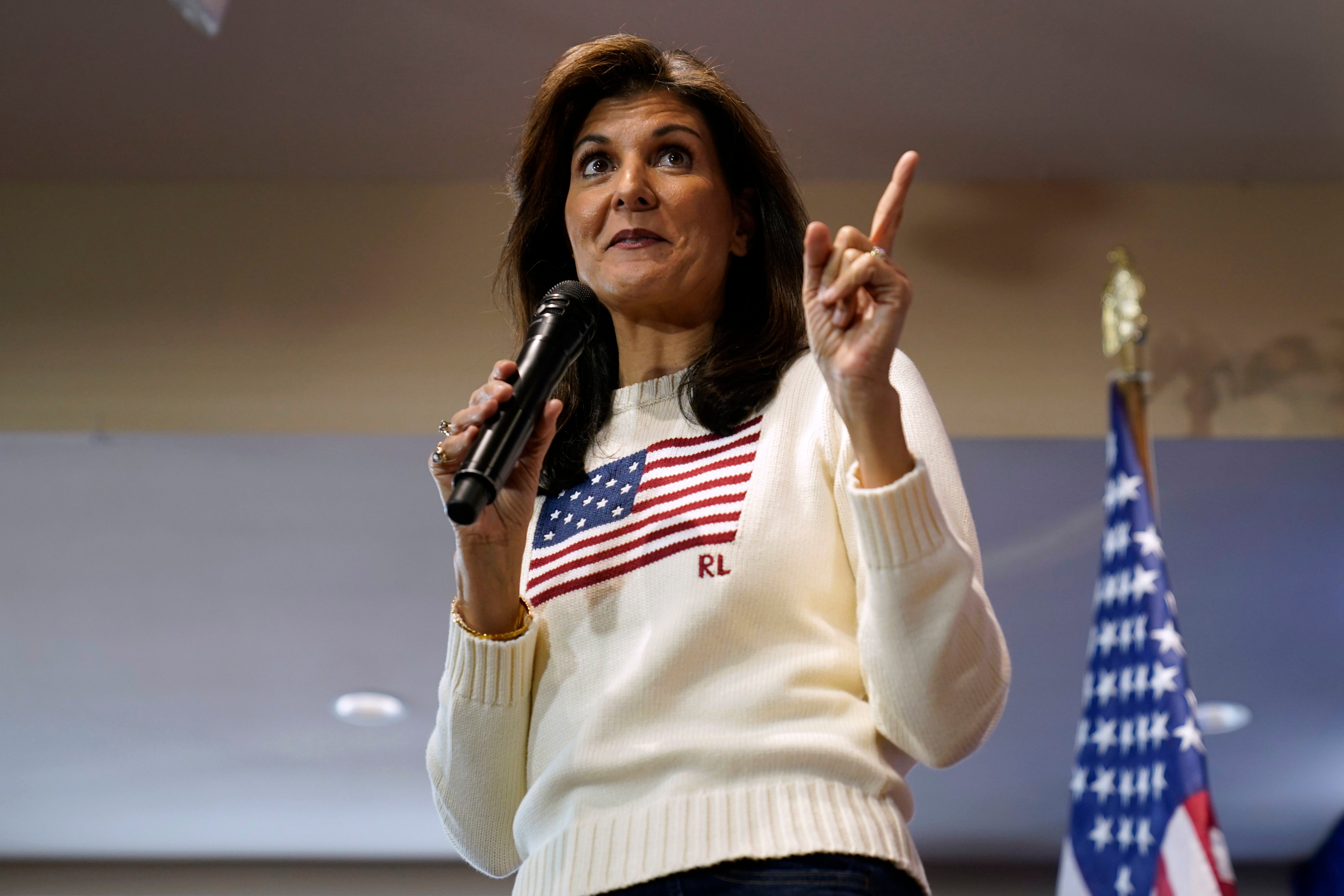 Republican presidential candidate Nikki Haley speaks during a town hall in Iowa on 18 December