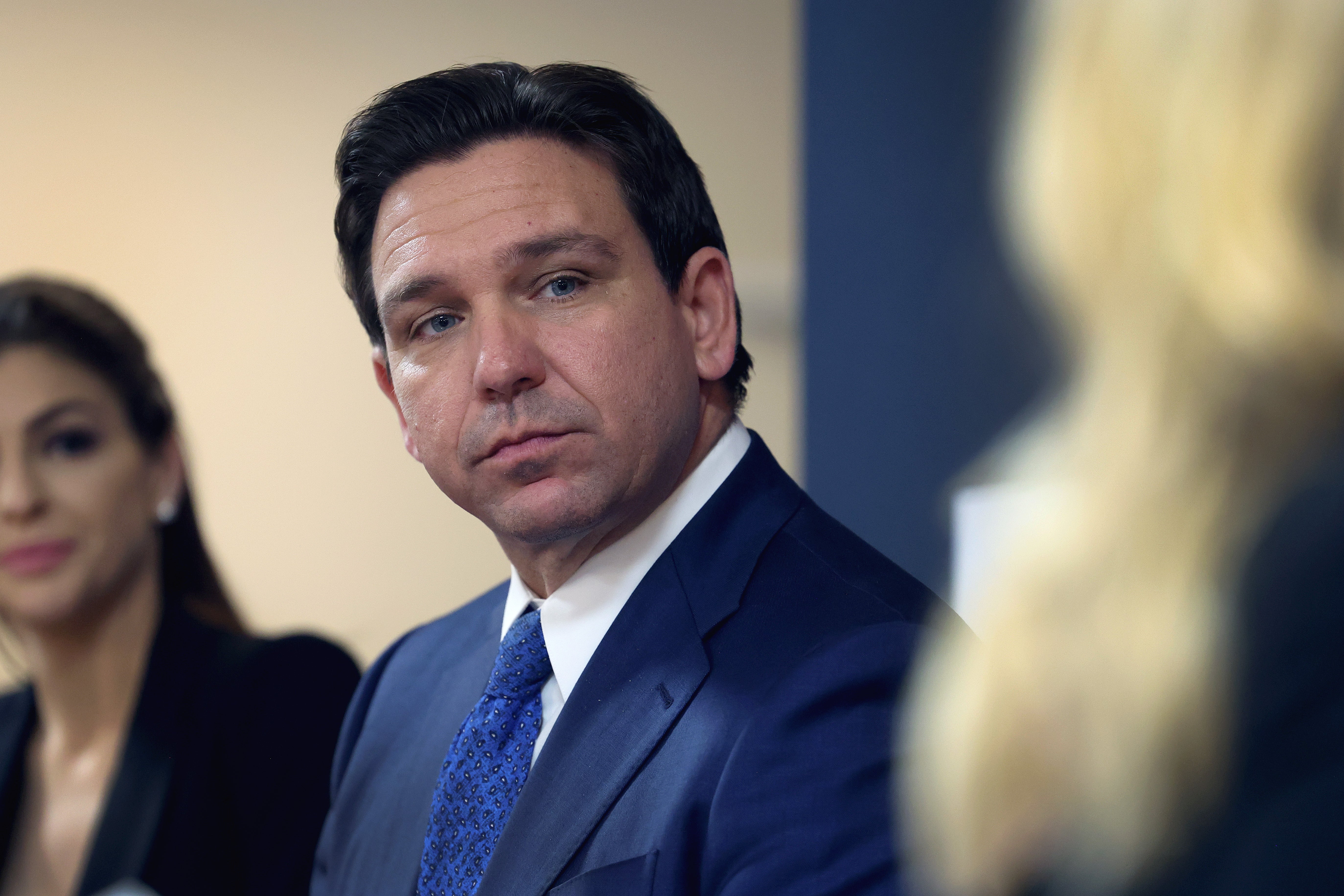 Republican presidential candidate Florida Governor Ron DeSantis speaks to guests during the Scott County Fireside Chat at the Tanglewood Hills Pavilion on December 18, 2023