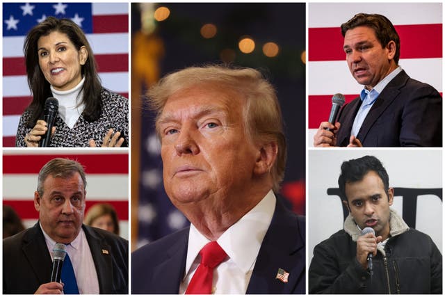 <p>The 2024 Republican candidates (top left: Nikki Haley, bottom left: Chris Christie, top right: Ron DeSantis, bottom right: Vivek Ramaswamy) criticised a Colorado Supreme Court disqualifying Donald Trump (center) from the state’s ballot</p>