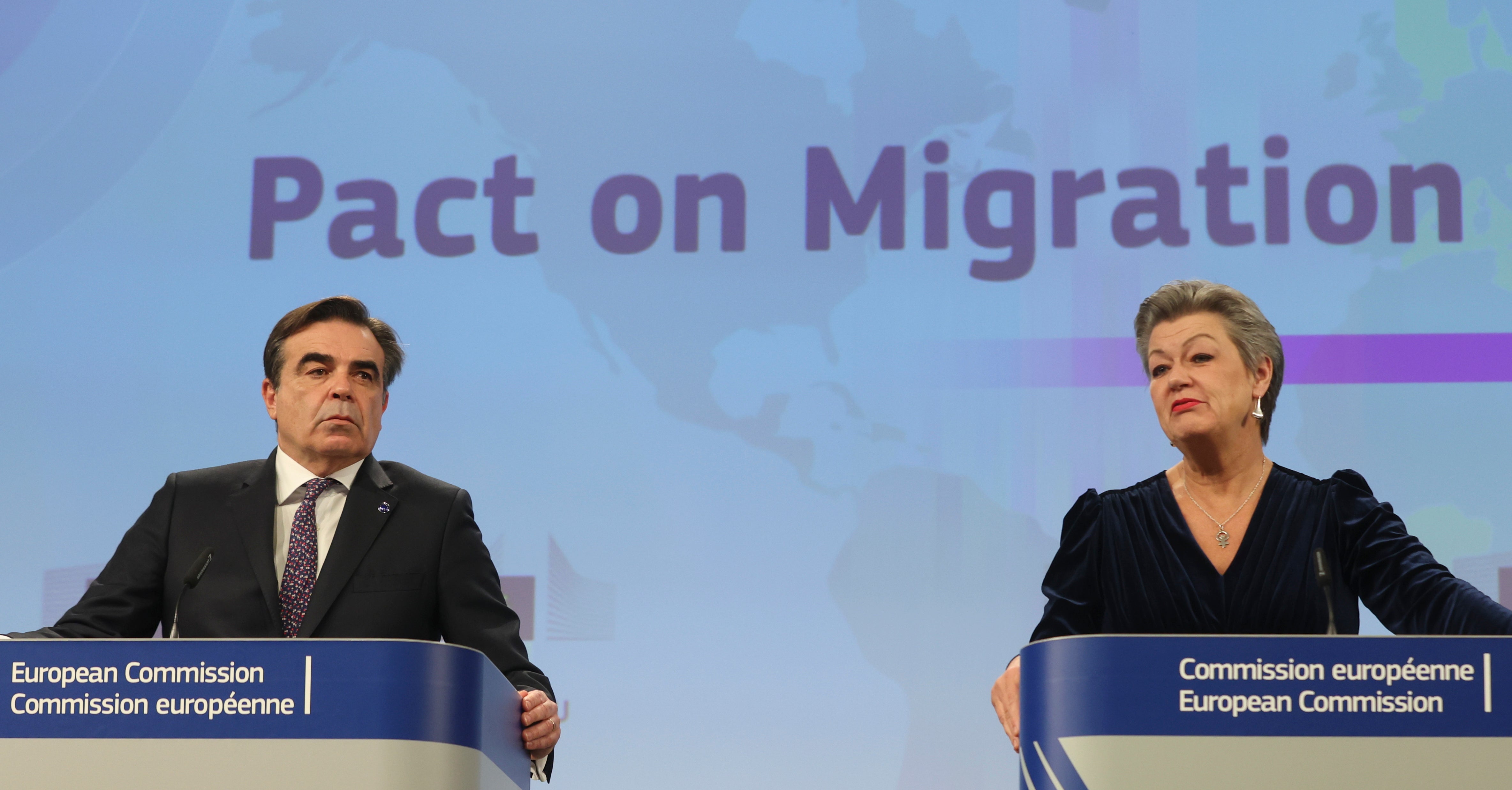 European Commission vice-president in charge of ‘protecting the European way of life’ Margaritis Schinas (L) and commissioner for home affairs Ylva Johansson gave a press conference on the political agreement
