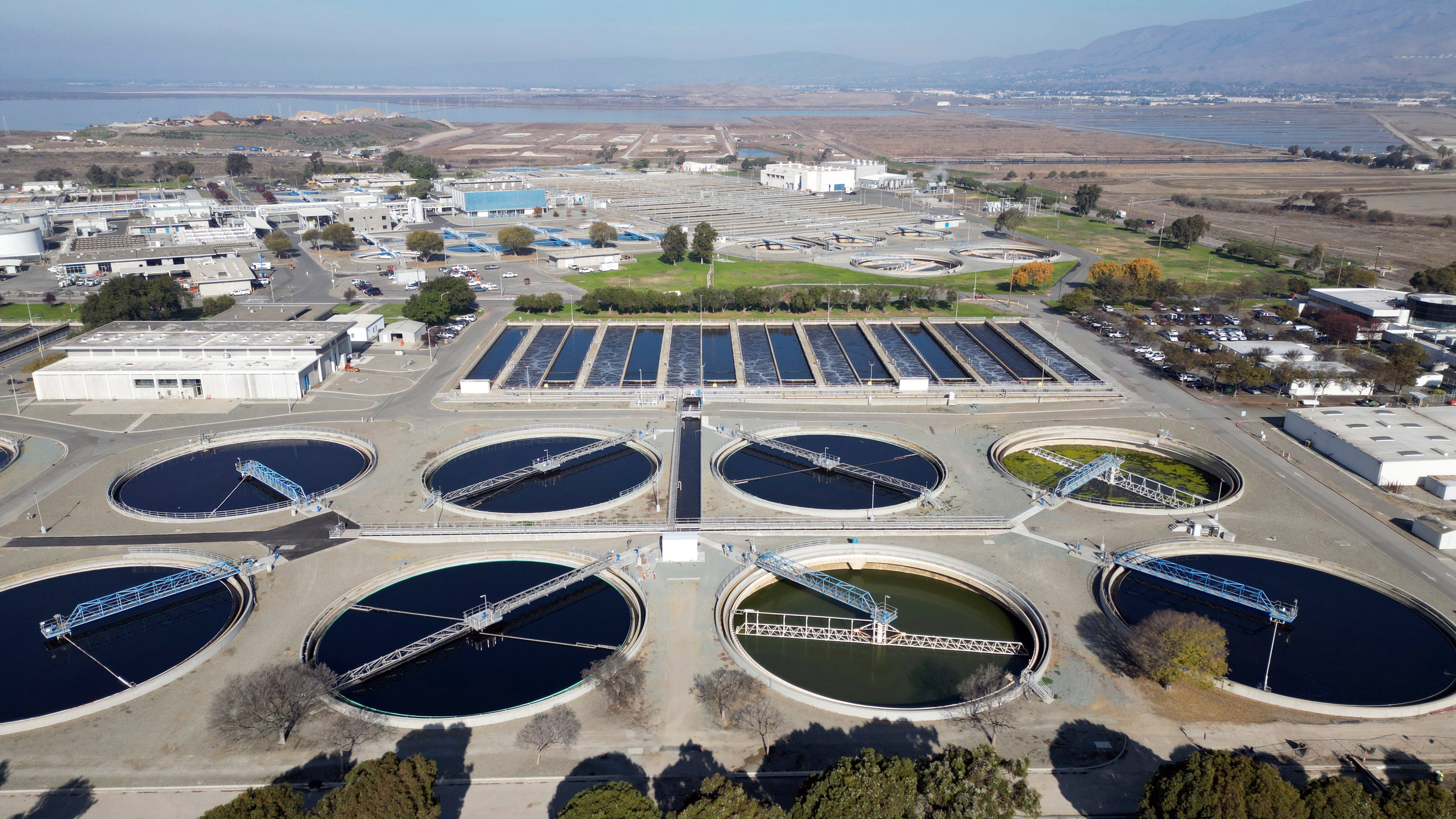 The San Jose-Santa Clara Regional wastewater facility is seen, Wednesday, Dec. 13, 2023, in San Jose, Calif. Sewage water is treated at the site before it is discharged into San Francisco Bay