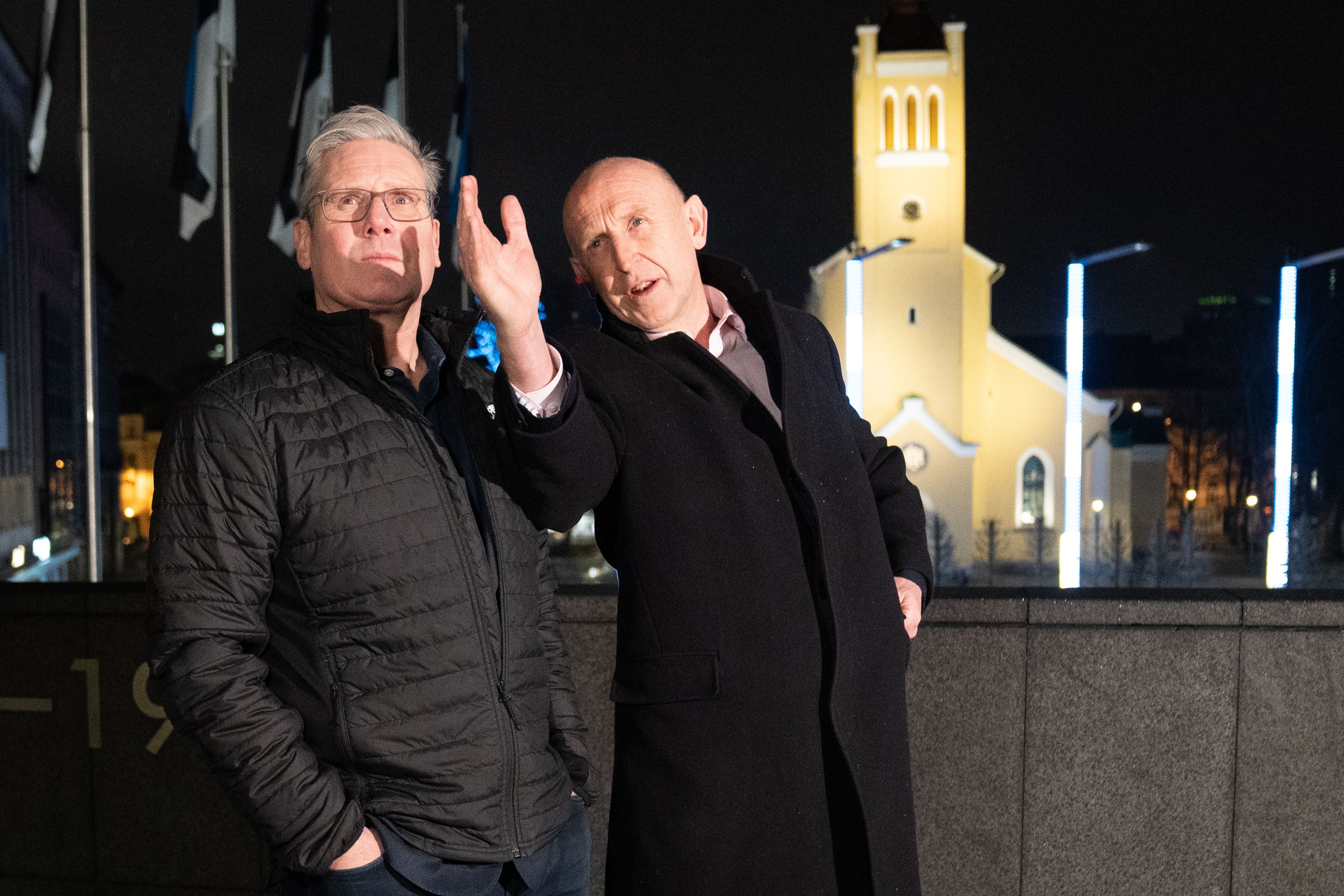 Labour leader Sir Keir Starmer, left, and shadow defence secretary John Healey arrive in the Estonian capital, Tallinn before their visit to meet British troops at a Nato base (Stefan Rousseau/PA)