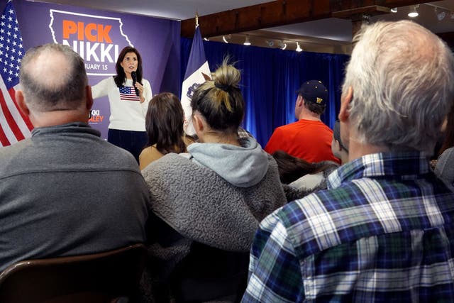 <p>Nikki Haley campaigns in Iowa on 18 December as she pulls ahead of Ron DeSantis in the state</p>