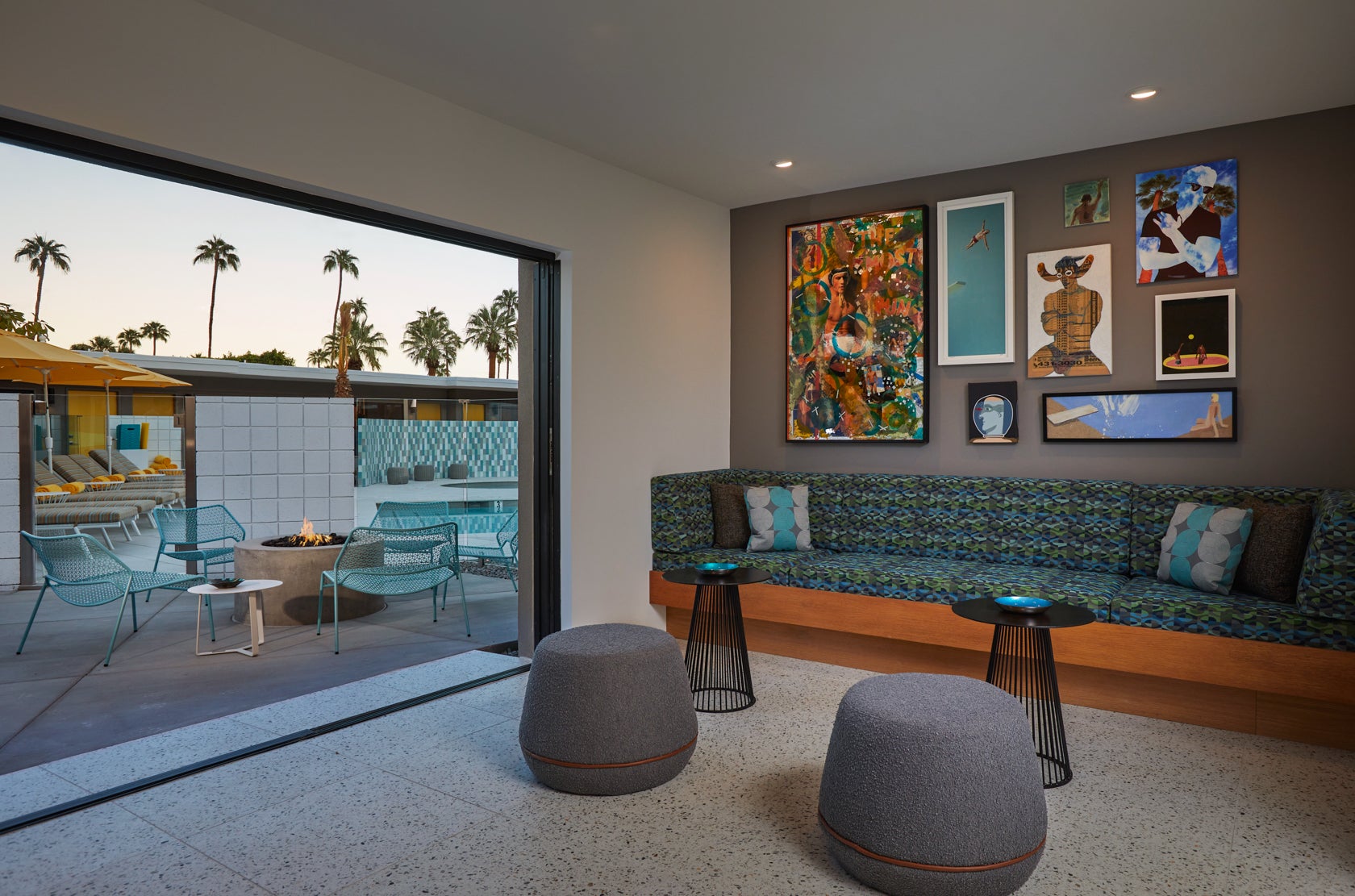 Sleek interiors spill onto a trendy poolside area at Twin Palms