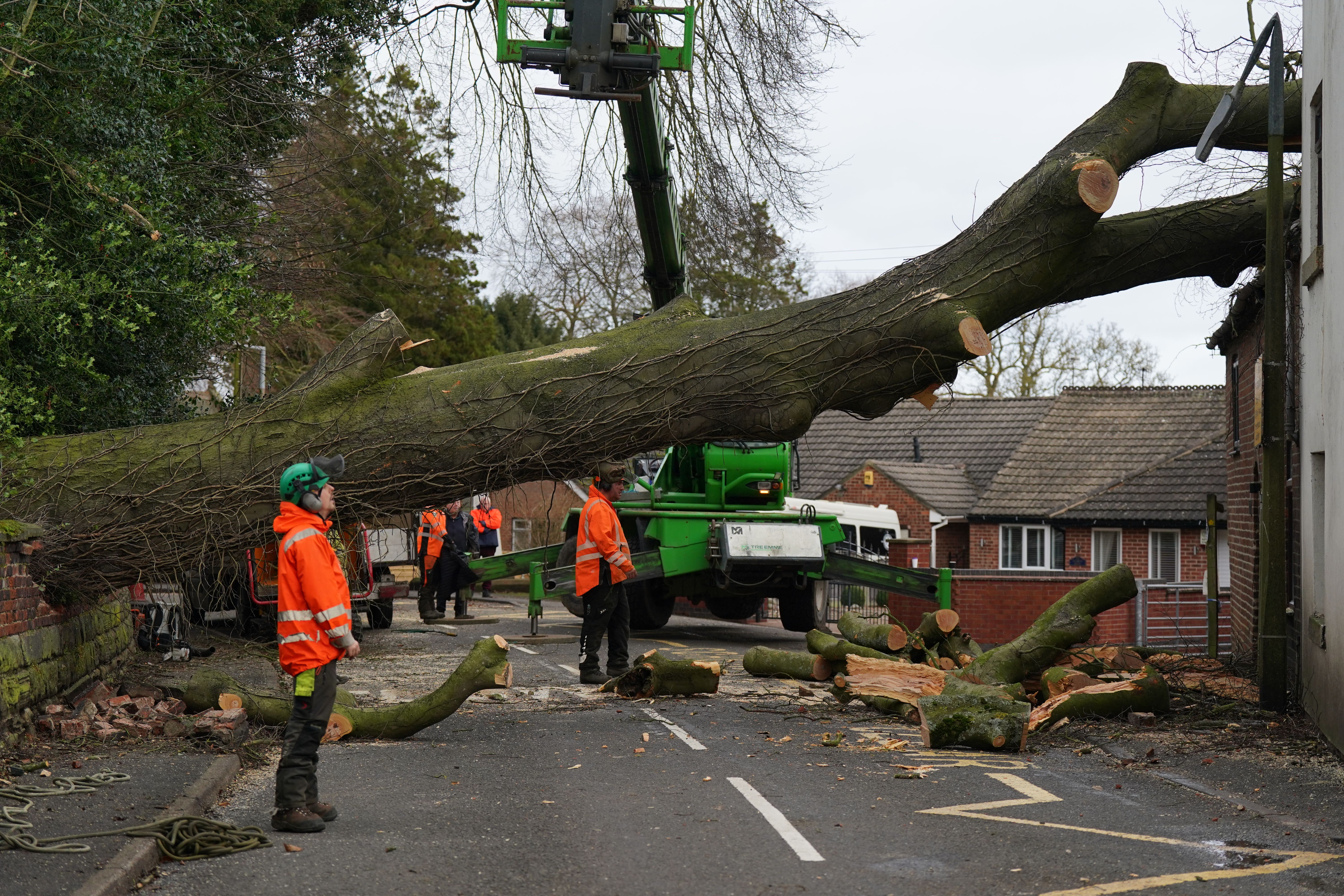 Workmen remove a fallen tree which has damaged the roof of a house in the village of Stanley in Derbyshire (Jacob King/PA)