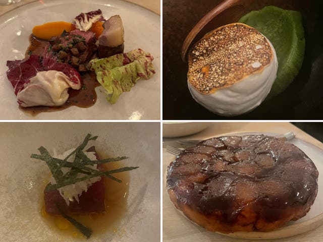 <p>On the menu (clockwise from top left): fallow deer, farm herbs and meringue, Cornish blue fin tuna and tarte tatin </p>