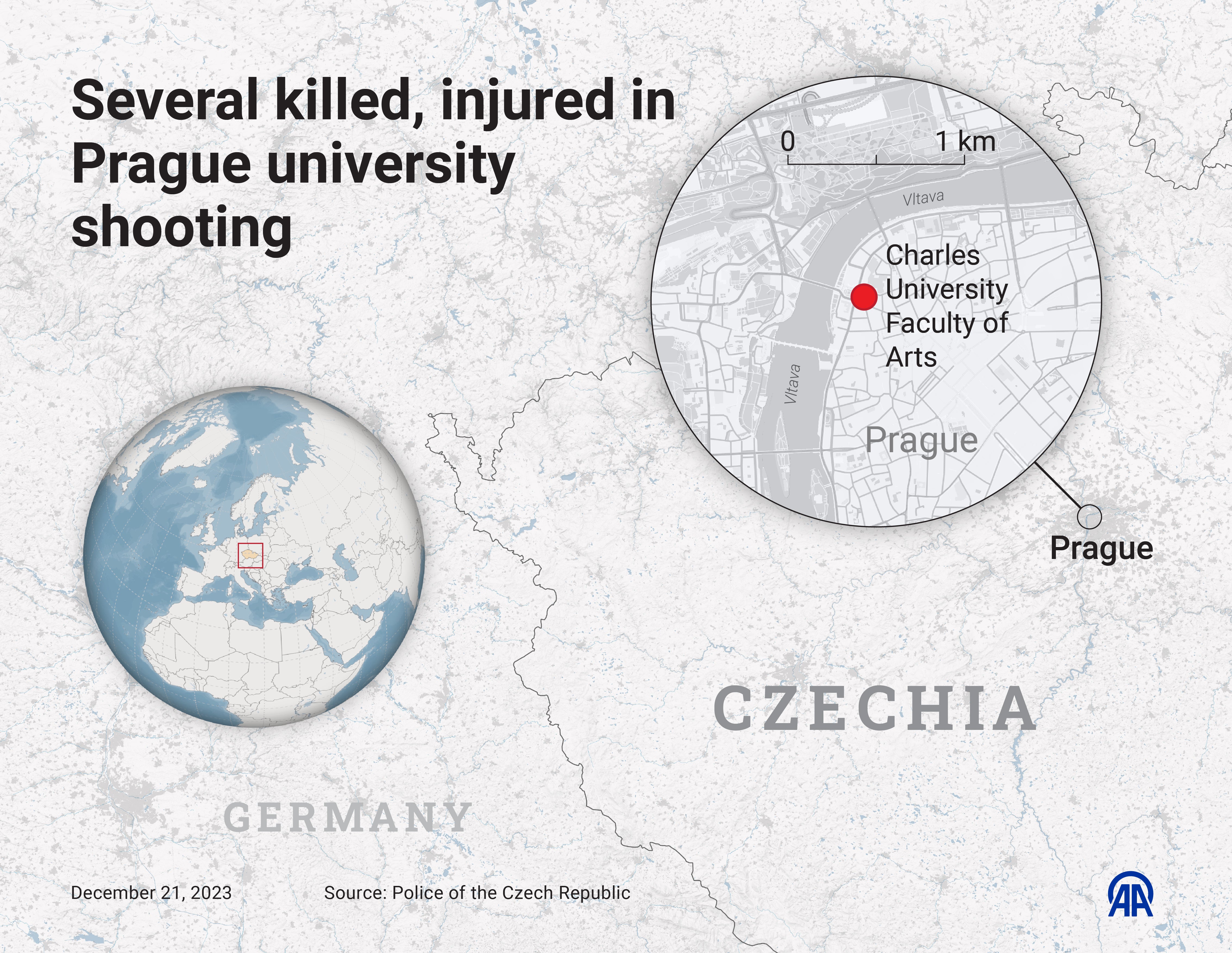 Map published showing the location of Charles University faculty of arts, where the gunman launched the attack