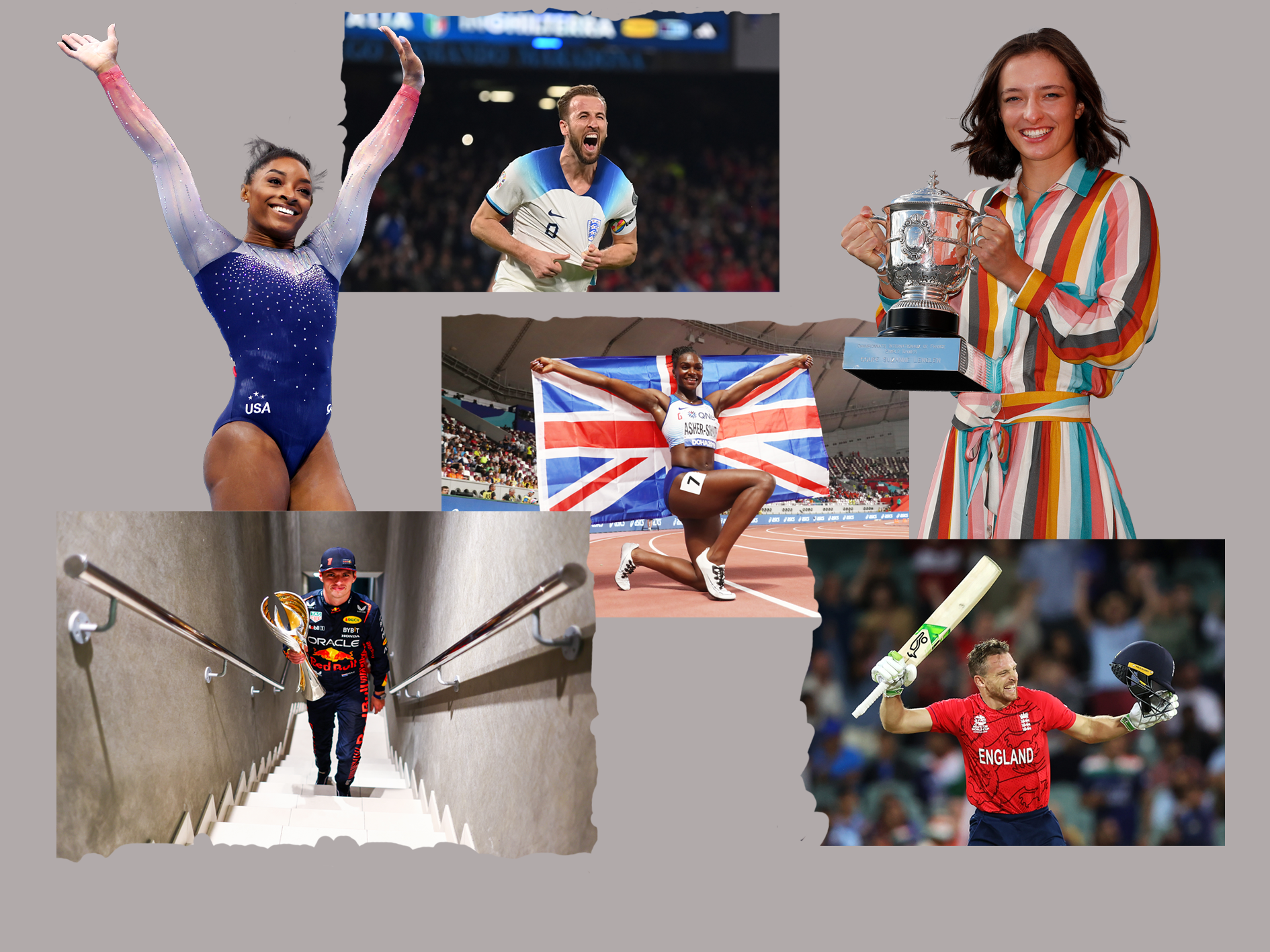 A big year ahead for (clockwise from top left) Simone Biles, Harry Kane, Dina Asher-Smith, Iga Swiatek, Jos Buttler and Max Verstappen