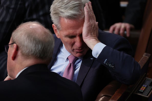 House Republican Leader Kevin McCarthy rubs his face during the fourth day of elections for Speaker of the House at the U.S. Capitol Building on January 06, 2023