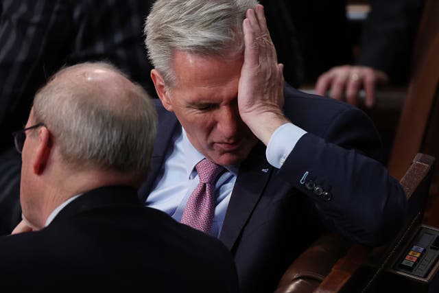 <p>House Republican Leader Kevin McCarthy rubs his face during the fourth day of elections for Speaker of the House at the U.S. Capitol Building on January 06, 2023 </p>