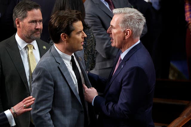 <p>U.S. House Republican Leader Kevin McCarthy (R-CA) (L) talks to Rep.-elect Matt Gaetz (R-FL) in the House Chamber after Gaetz voted present during the fourth day of voting for Speaker of the House at the U.S. Capitol Building on January 06, 2023 in Washington, DC.</p>