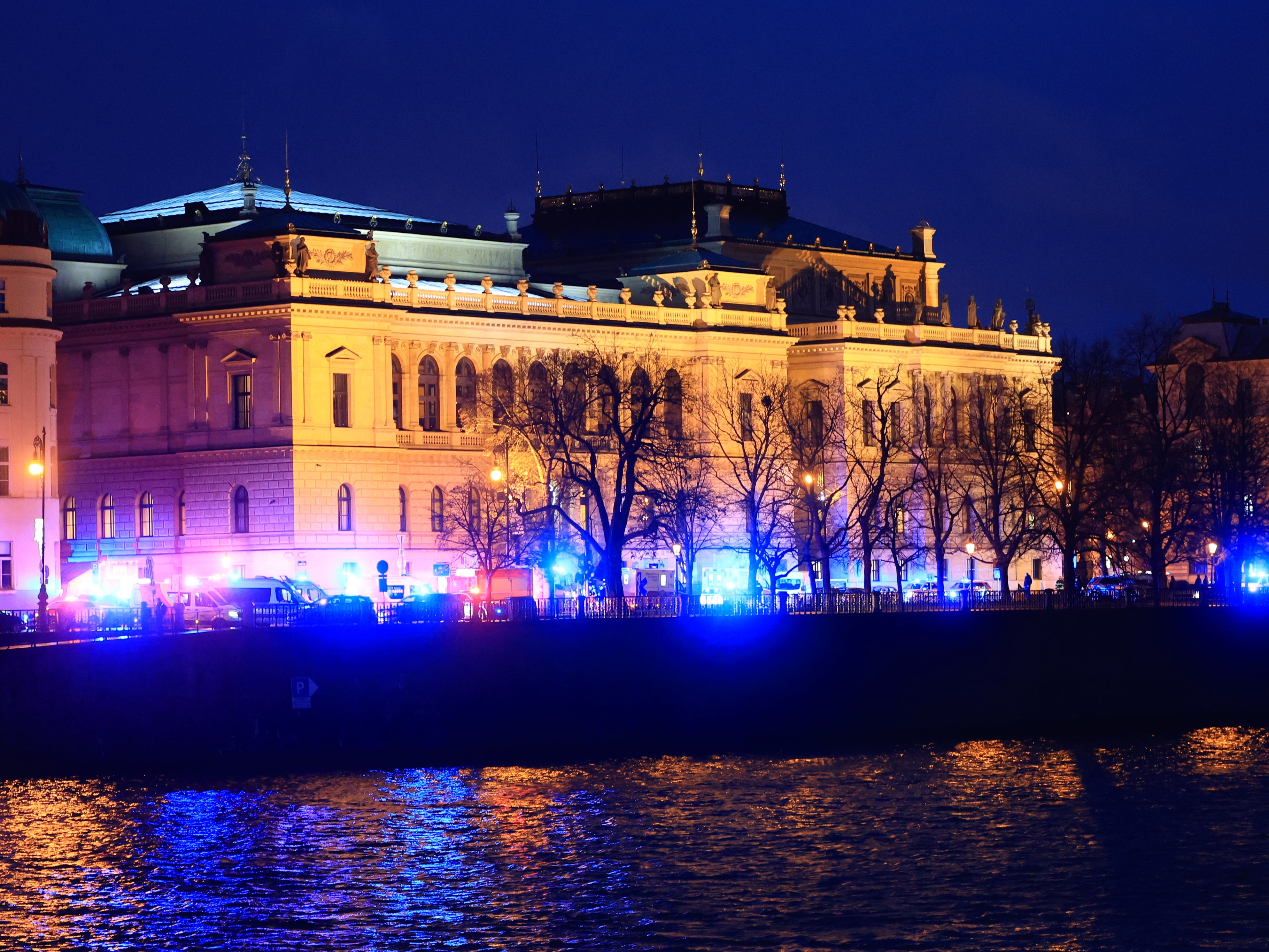 Lights from emergency service vehicles light the scene of the shooting