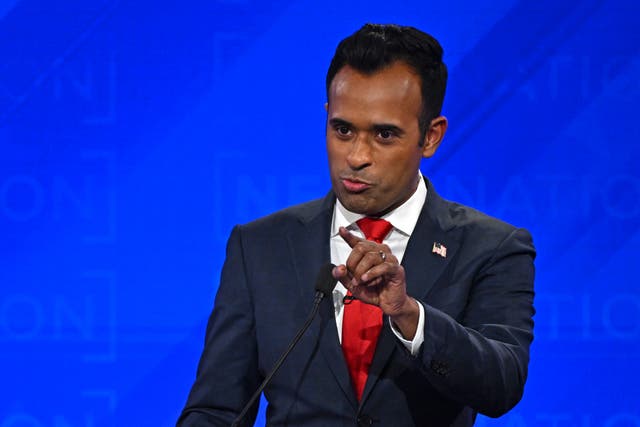 <p>Entrepreneur Vivek Ramaswamy gestures as he speaks during the fourth Republican presidential primary debate at the University of Alabama in Tuscaloosa, Alabama, on 6 December</p>