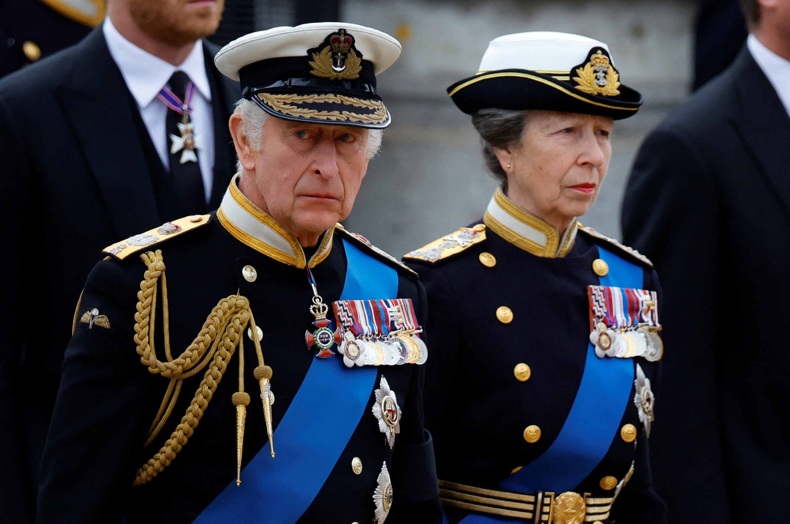 King Charles III and the Princess Royal arrive for the State Funeral of Queen Elizabeth II