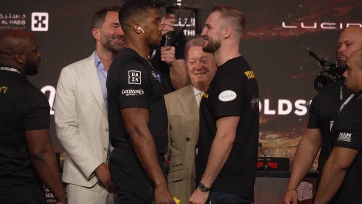 <p>Anthony Joshua and Otto Wallin face off in Riyadh ahead of fight</p>