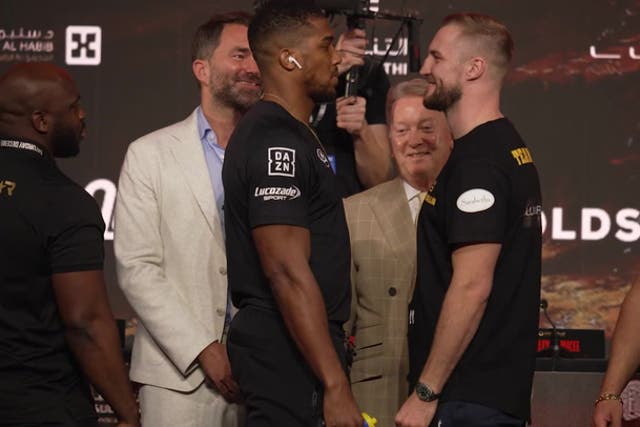 <p>Anthony Joshua and Otto Wallin face off in Riyadh ahead of fight</p>