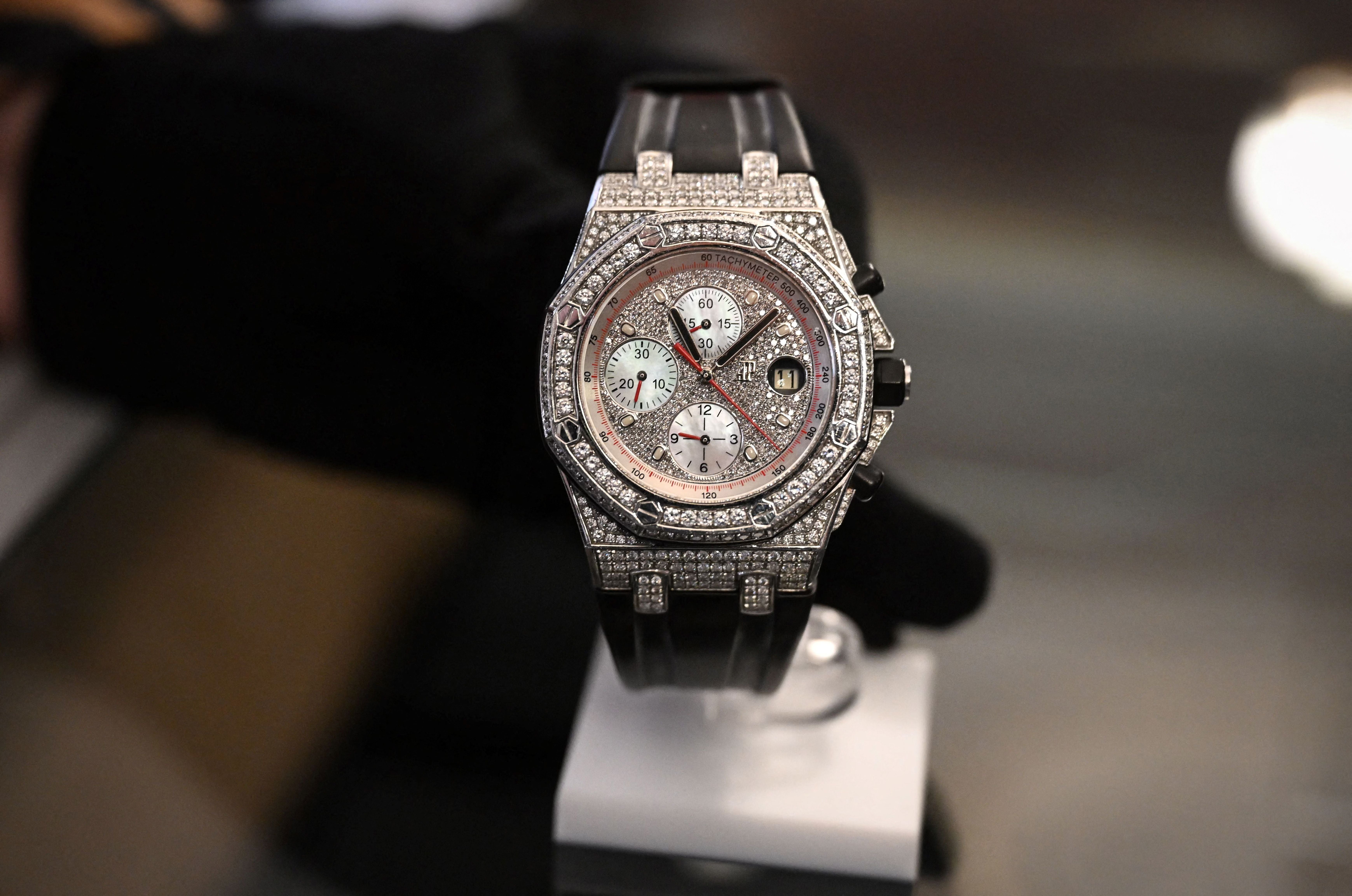 An Audemars Piguet Royal Oak watch is on display during an auction in Paris of items seized by the courts in drug trafficking cases