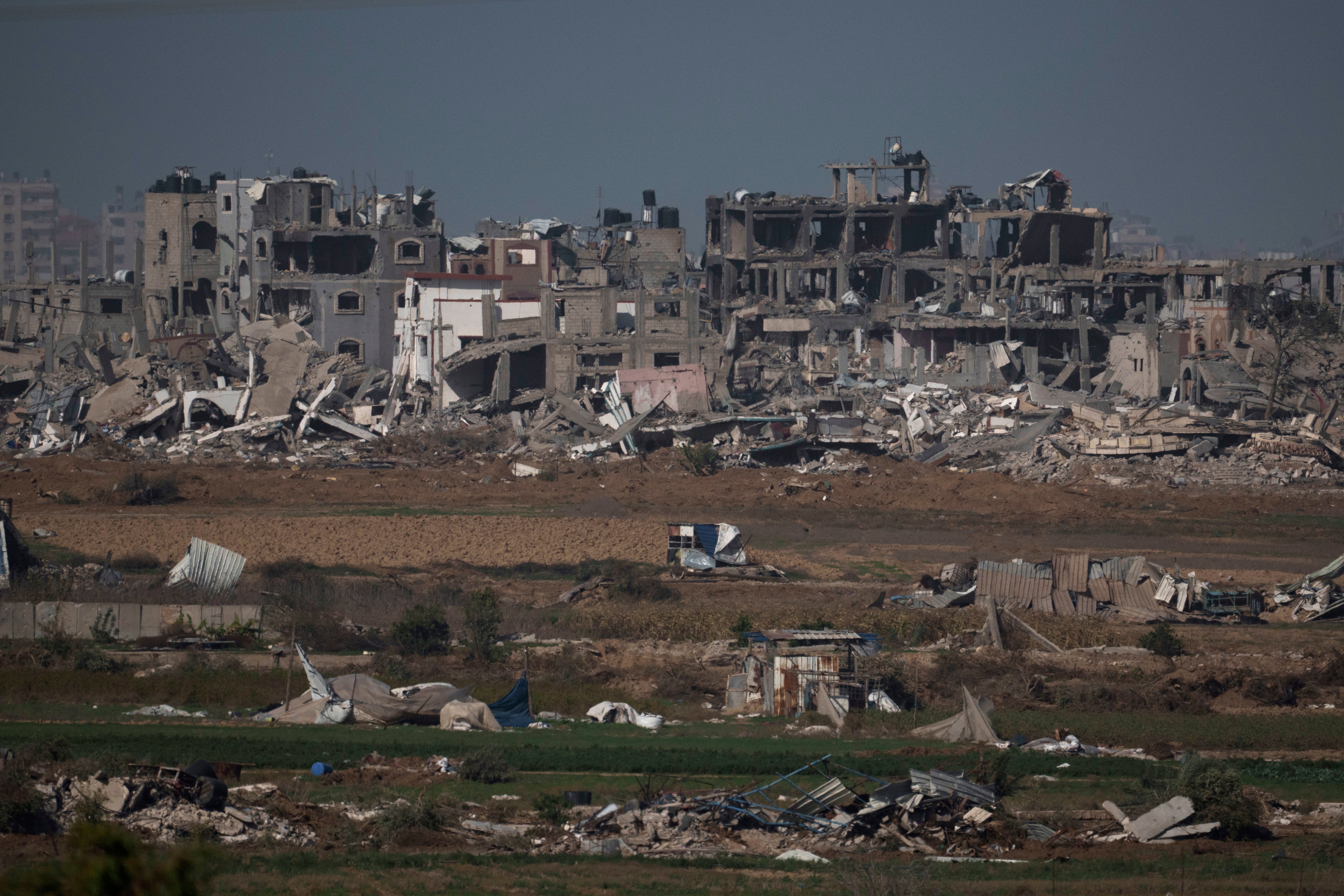 Destroyed buildings along the Gaza strip