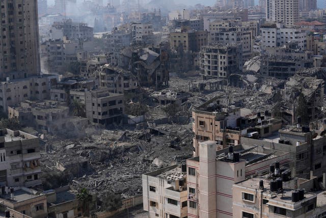 <p>Destruction from Israeli aerial bombardment is seen in Gaza City, on Oct. 11, 2023</p>