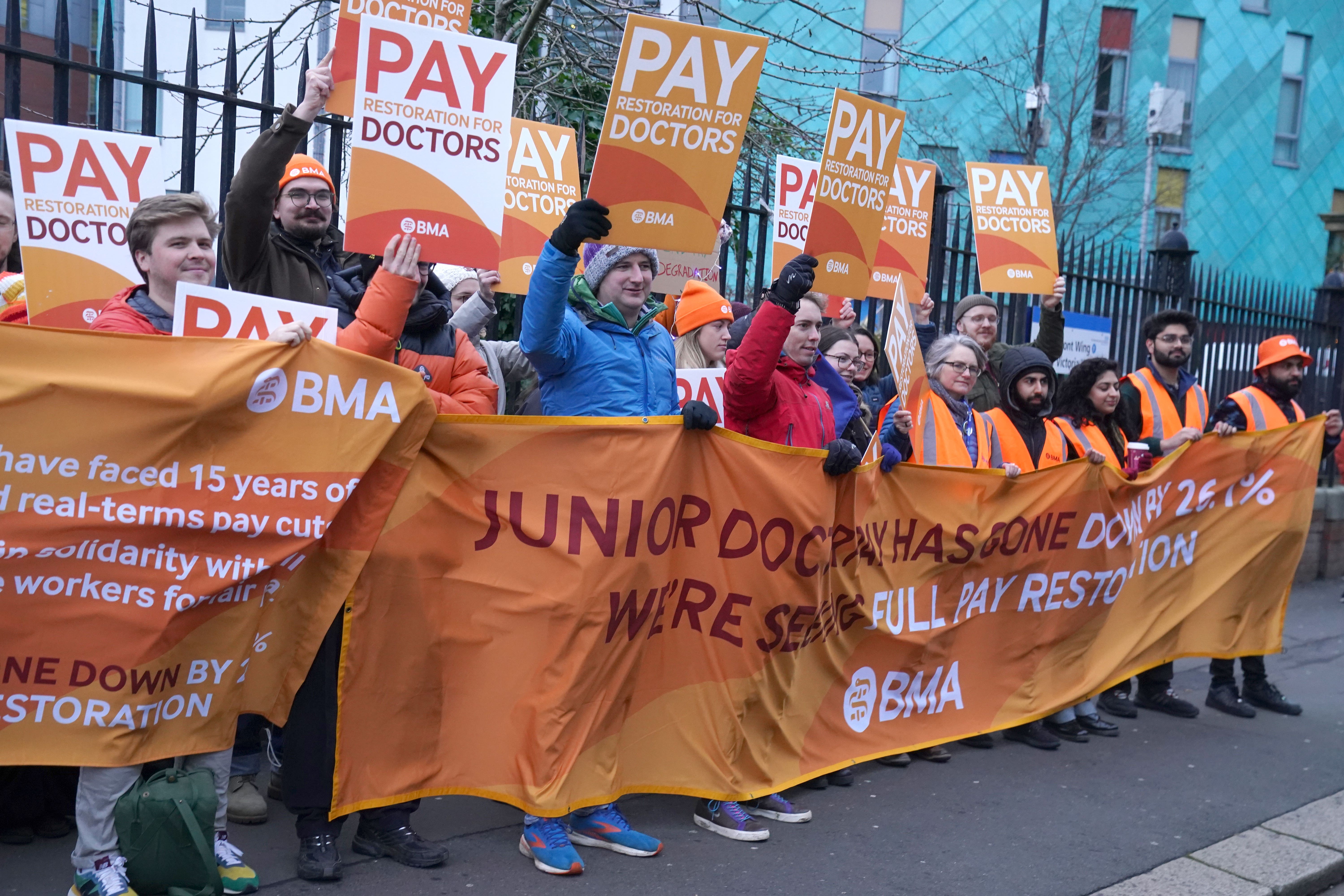 Junior doctors on the picket line outside Royal Victoria Infirmary (Owen Humphreys/PA)