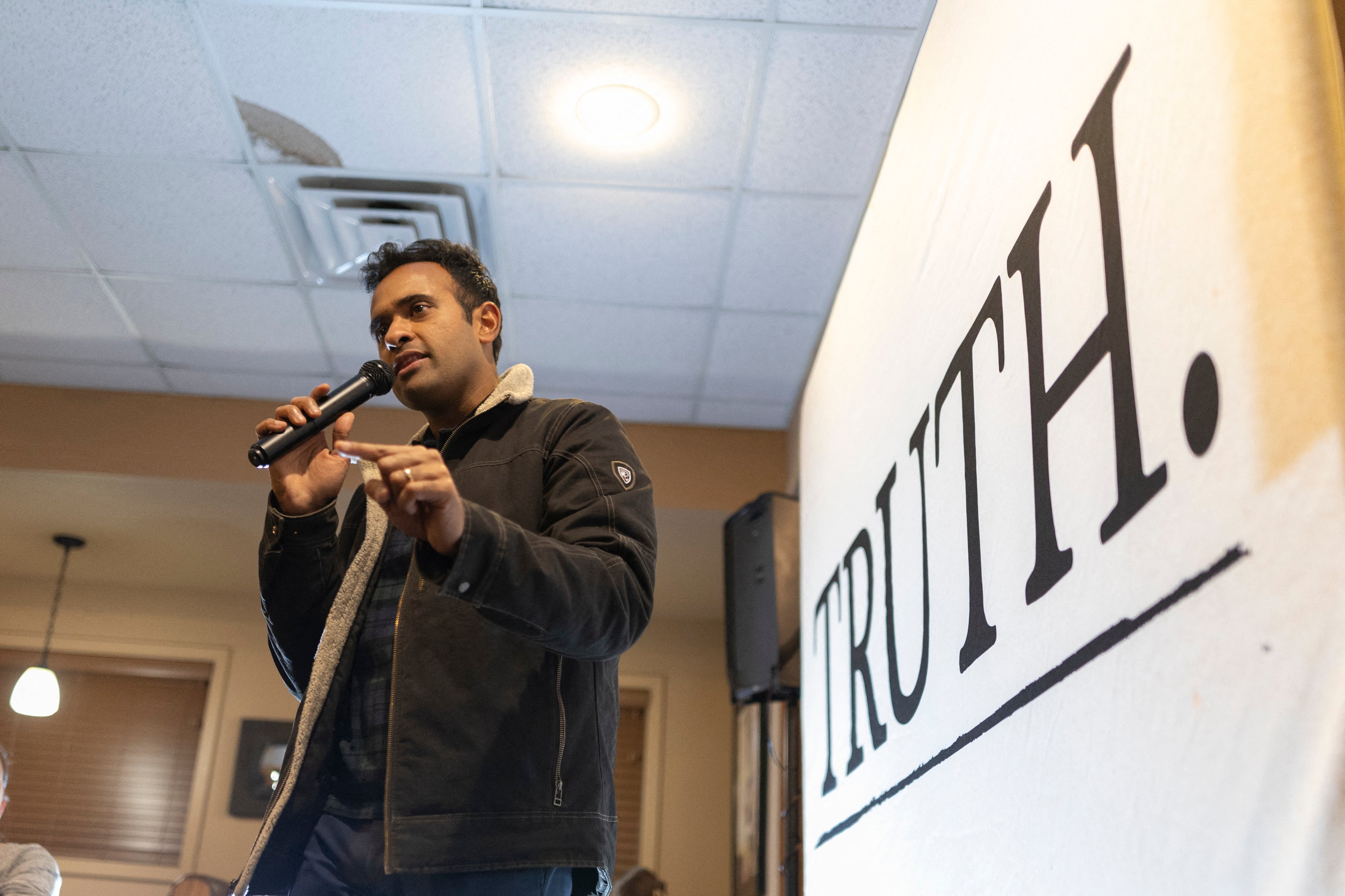 Entrepreneur and 2024 Presidential hopeful Vivek Ramaswamy speaks at a local restaurant during a visit in Cherokee, Iowa, on December 9, 2023, ahead of the Iowa caucus