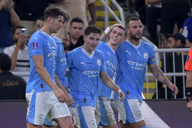 <p>Julian Alvarez (centre) and Phil Foden (second right) were among the goals in Jeddah </p>