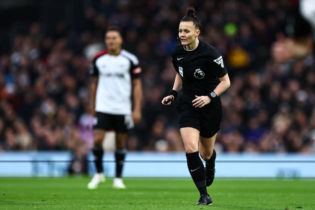 <p>English referee Rebecca Welch officiating in her first premier league game</p>