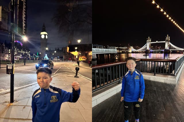 Nine-year-old Barney Thomas completed a 12-hour walk around central London to raise money for a children’s hospital (Darren Thomas/PA)