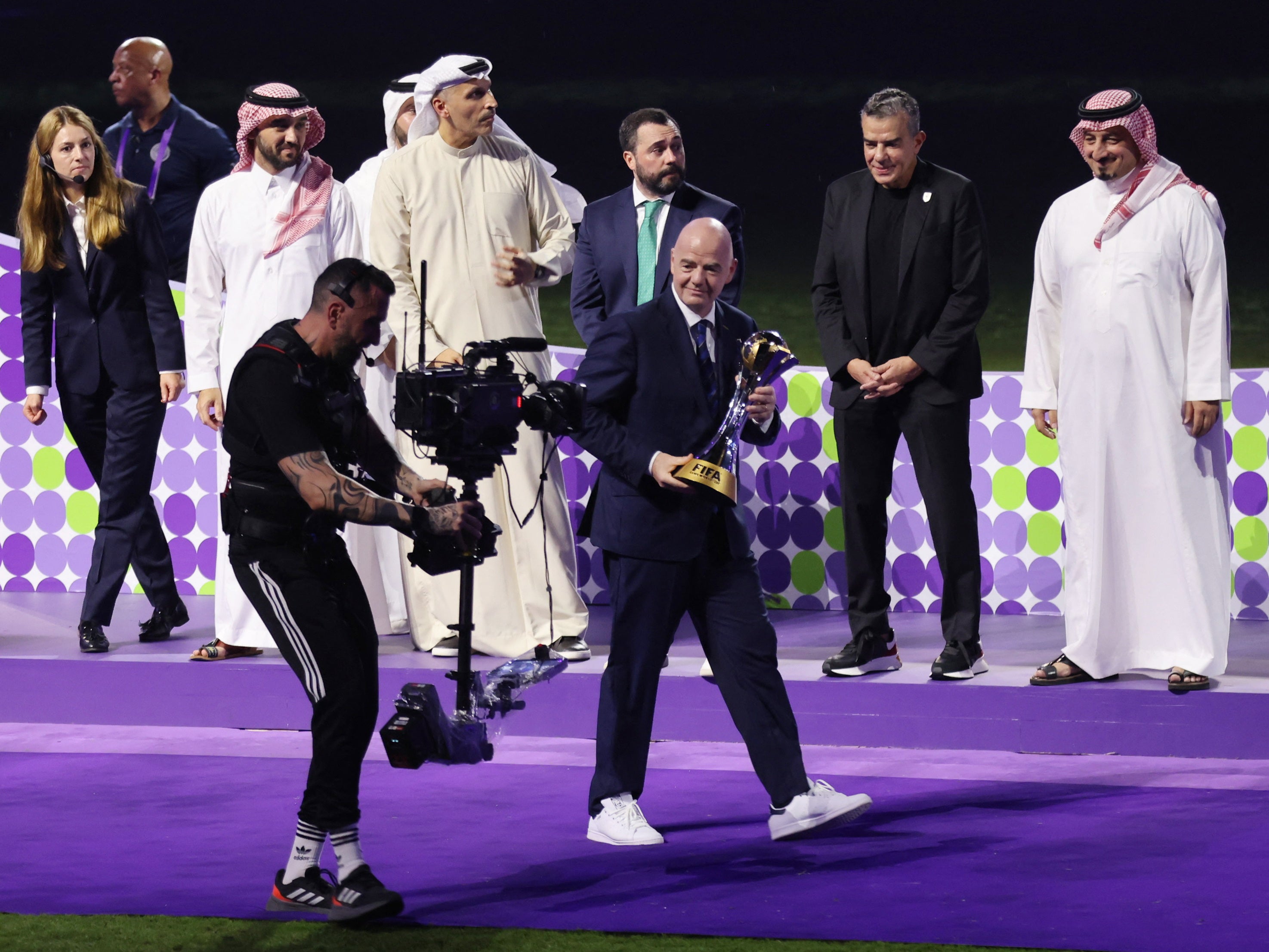 Gianni Infantino with the trophy during the ceremony after the Club World Cup final