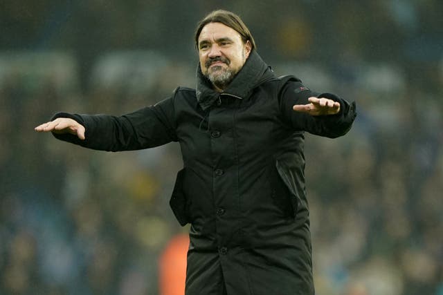 Leeds manager Daniel Farke celebrates after the big win over Ipswich (Danny Lawson/PA)