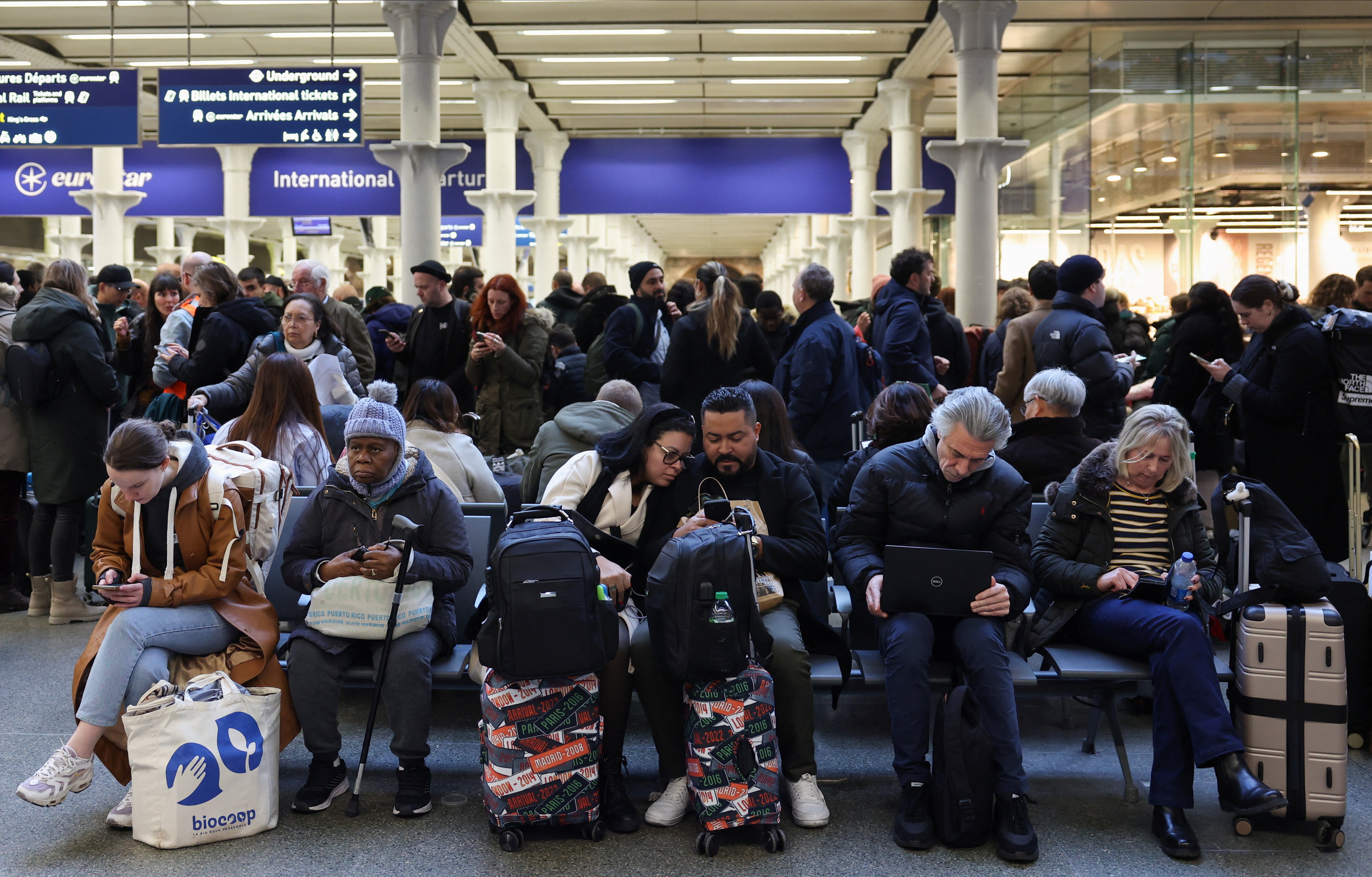 pPassengers wait at the Eurostar terminal at St Pancras International as an unexpected strike held up travel plans/p