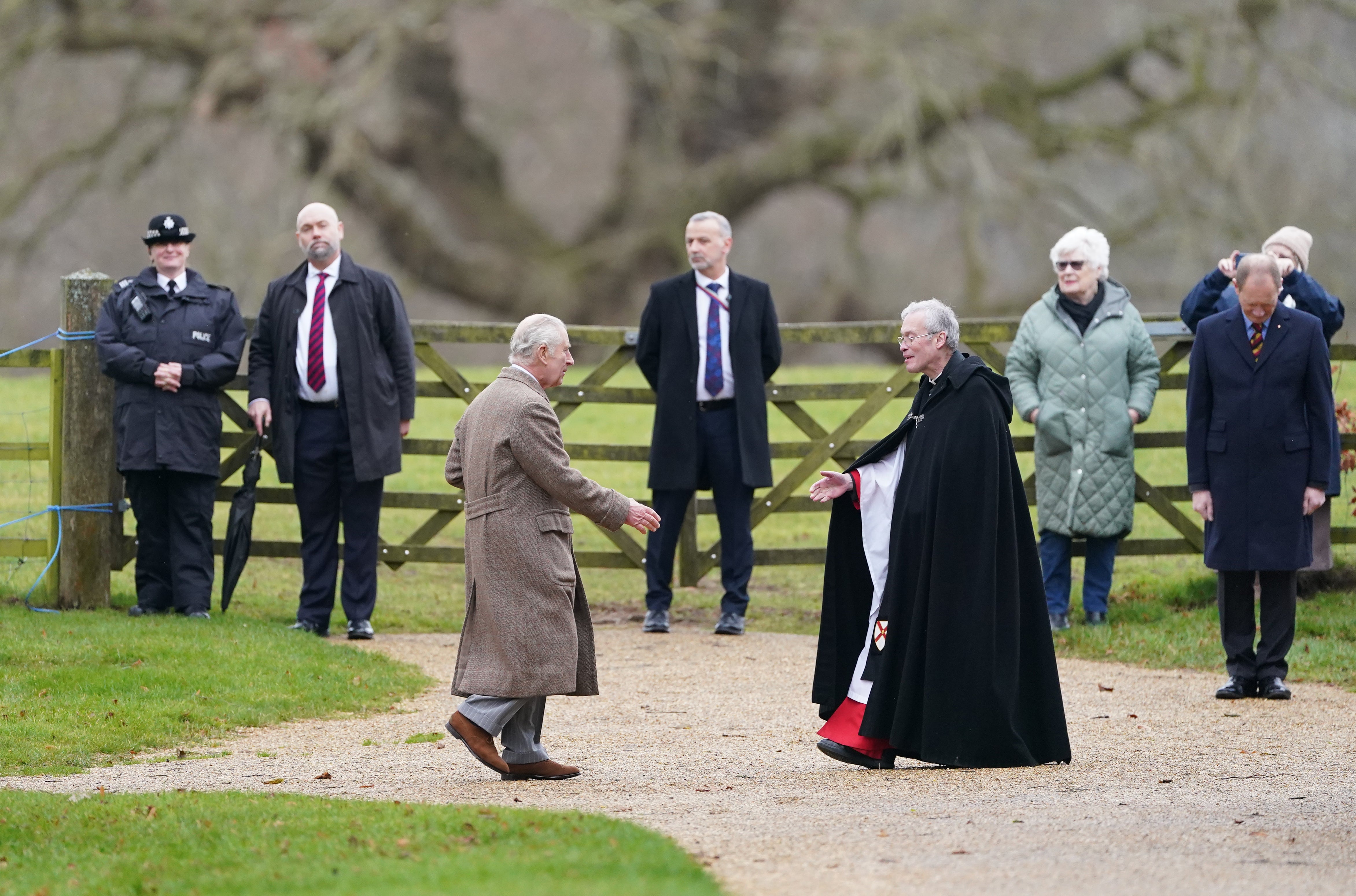 The king arrives to attend a Sunday church service at St Mary Magdalene Church