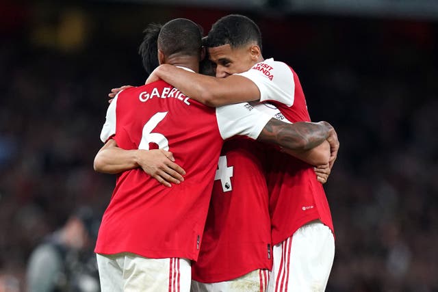 Arsenal’s Gabriel (left), Ben White (centre) and William Saliba have helped the Gunners boast one of the best defensive records in the division (Adam Davy/PA)